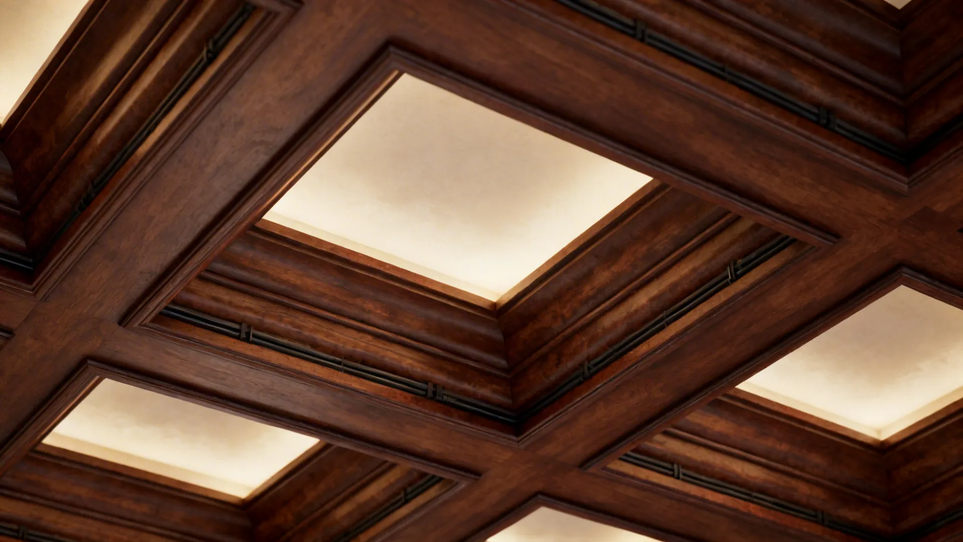 Close-up of shallow coffered wooden ceiling panel with recessed lights and rich wood grain.