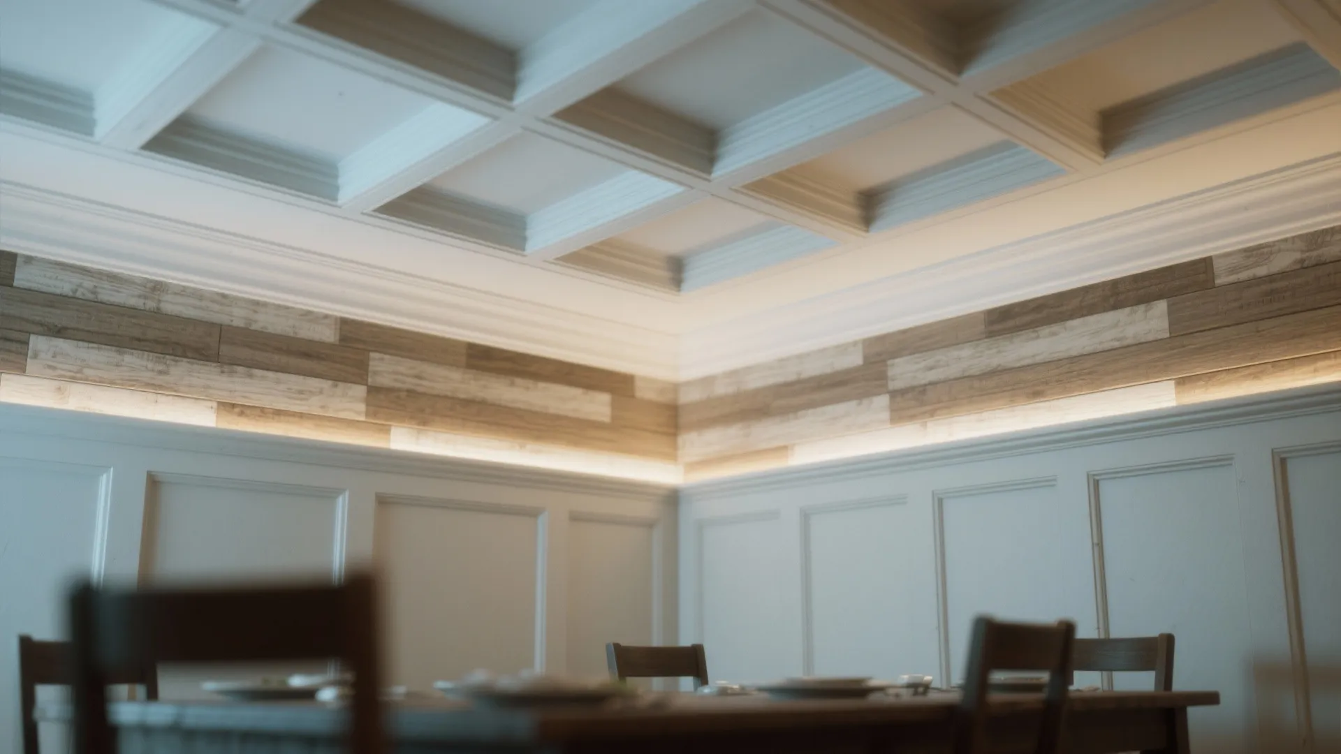 Dining room featuring white wall panel design with wood accents and a white recessed ceiling
