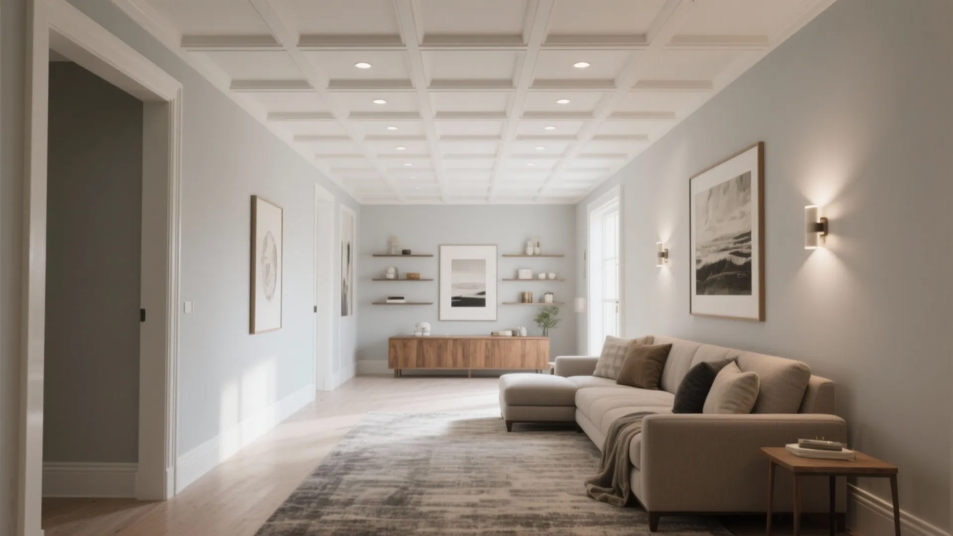 Bright living room with grid pattern ceiling light light blue walls beige sofa and cabinet