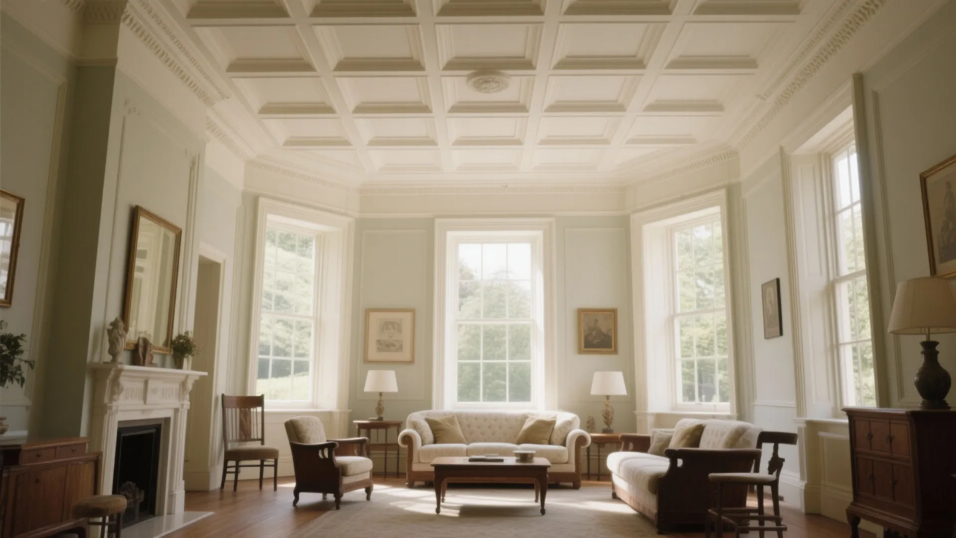 Classic living room with white grid ceiling pattern plus large windows and elegant sofa furniture