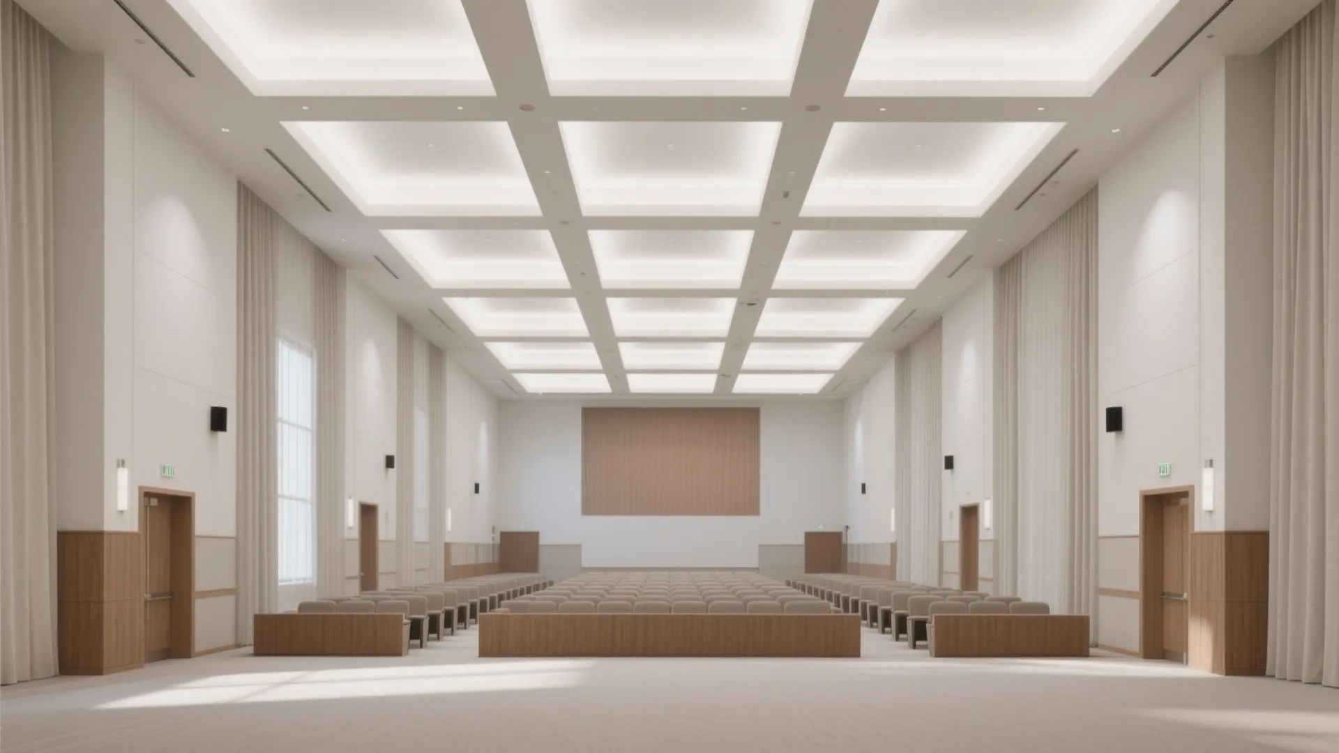 Large meeting hall with rows of seats grid ceiling light wood wall panel and curtains
