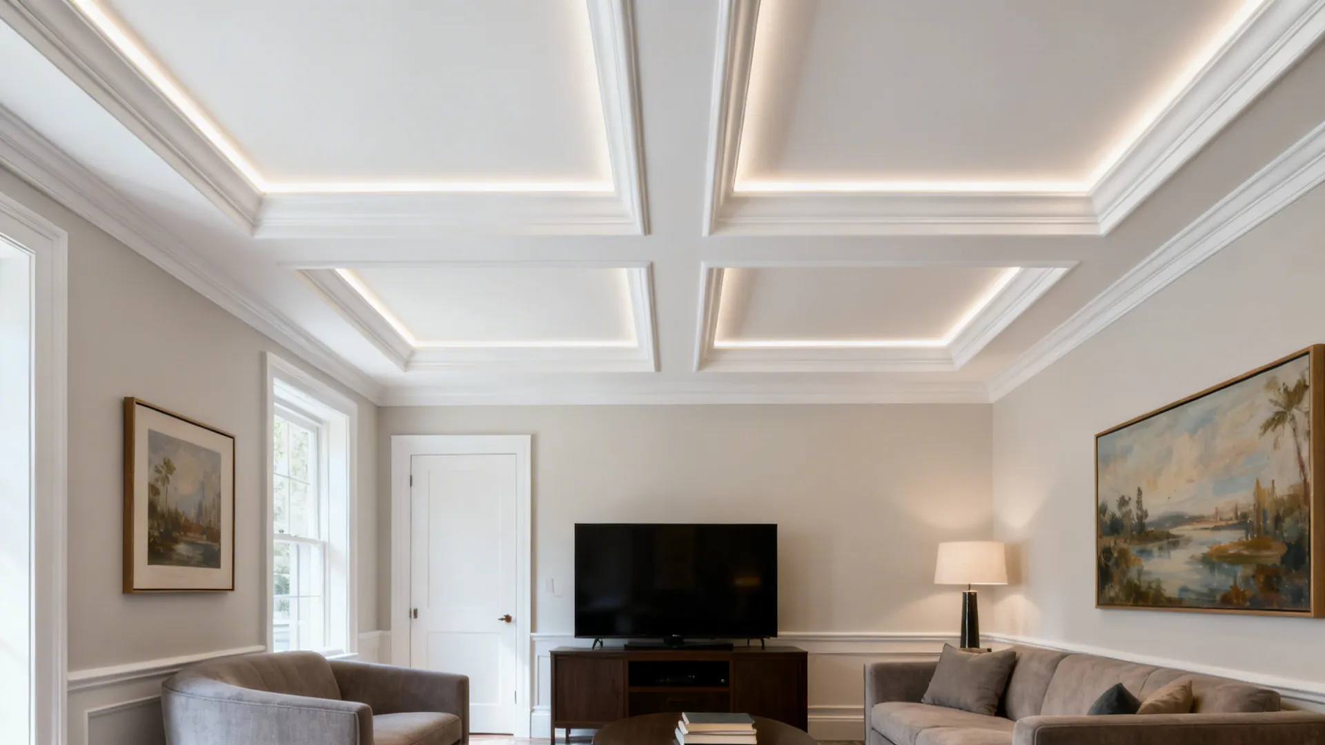 Shallow coffered PVC ceiling with hidden linear LEDs in an elegant small living room.