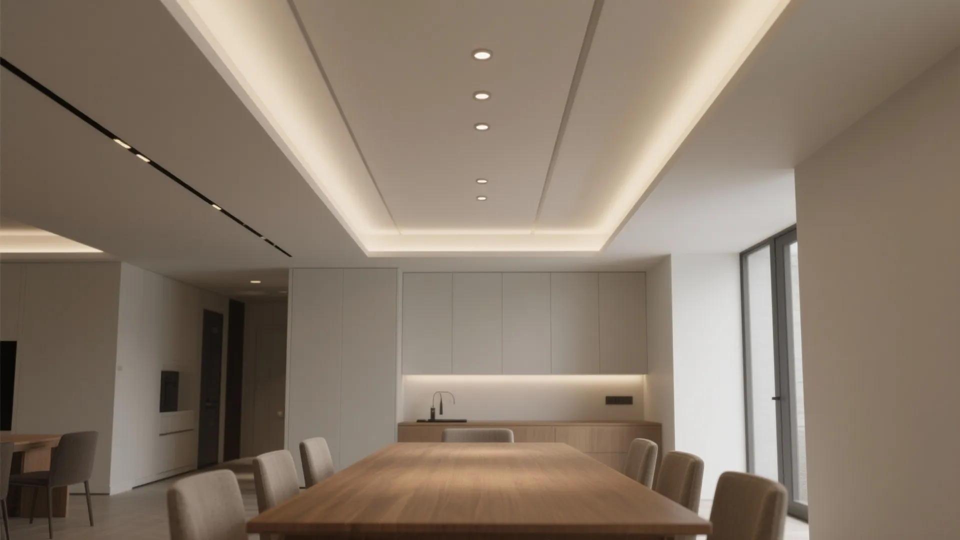 Minimalist kitchen and dining area with long wooden table white cabinets and linear ceiling lights