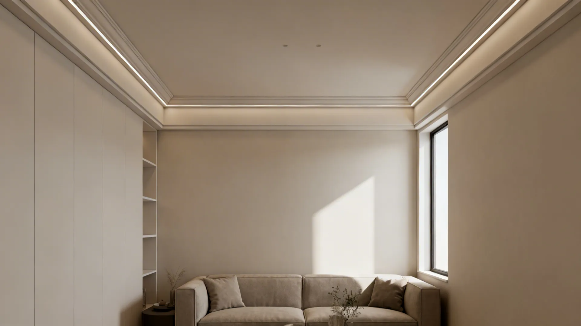 Minimalist living room featuring beige sofa white cabinets and ceiling light with warm natural window light