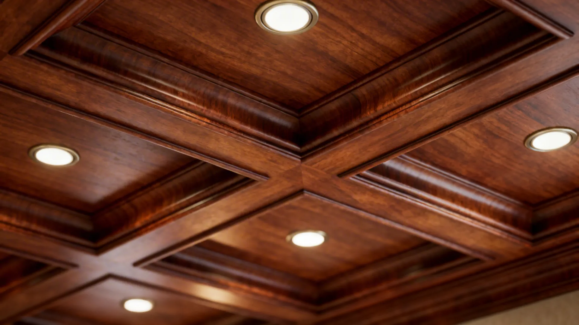Close-up of shallow walnut coffered ceiling panels with recessed spotlights
