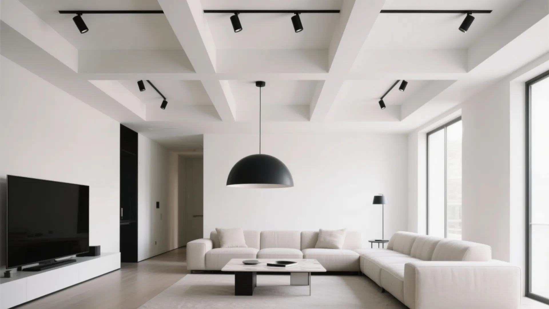 Modern coffered ceiling with shallow beams