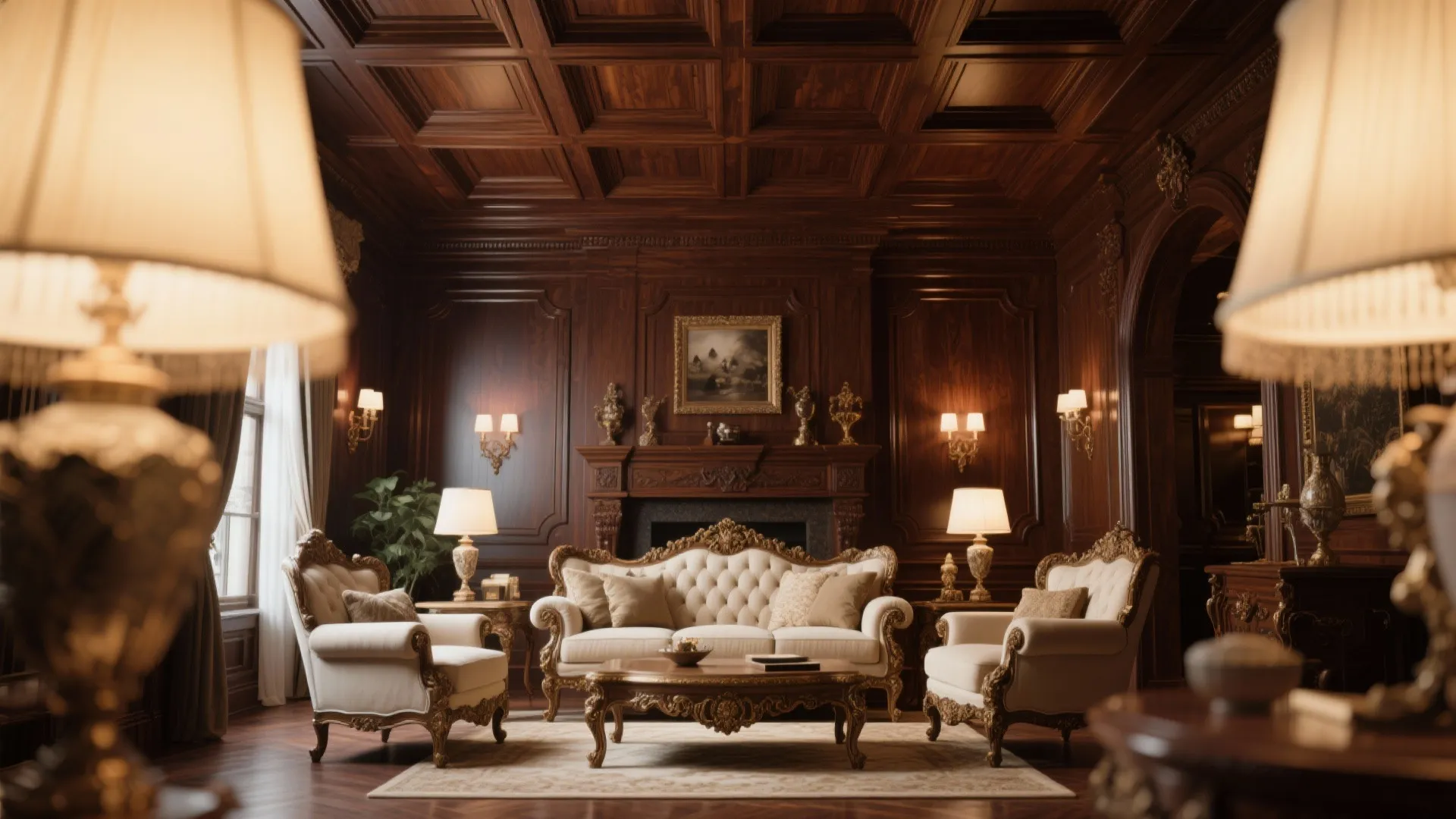 Traditional living room with a grand coffered wood ceiling