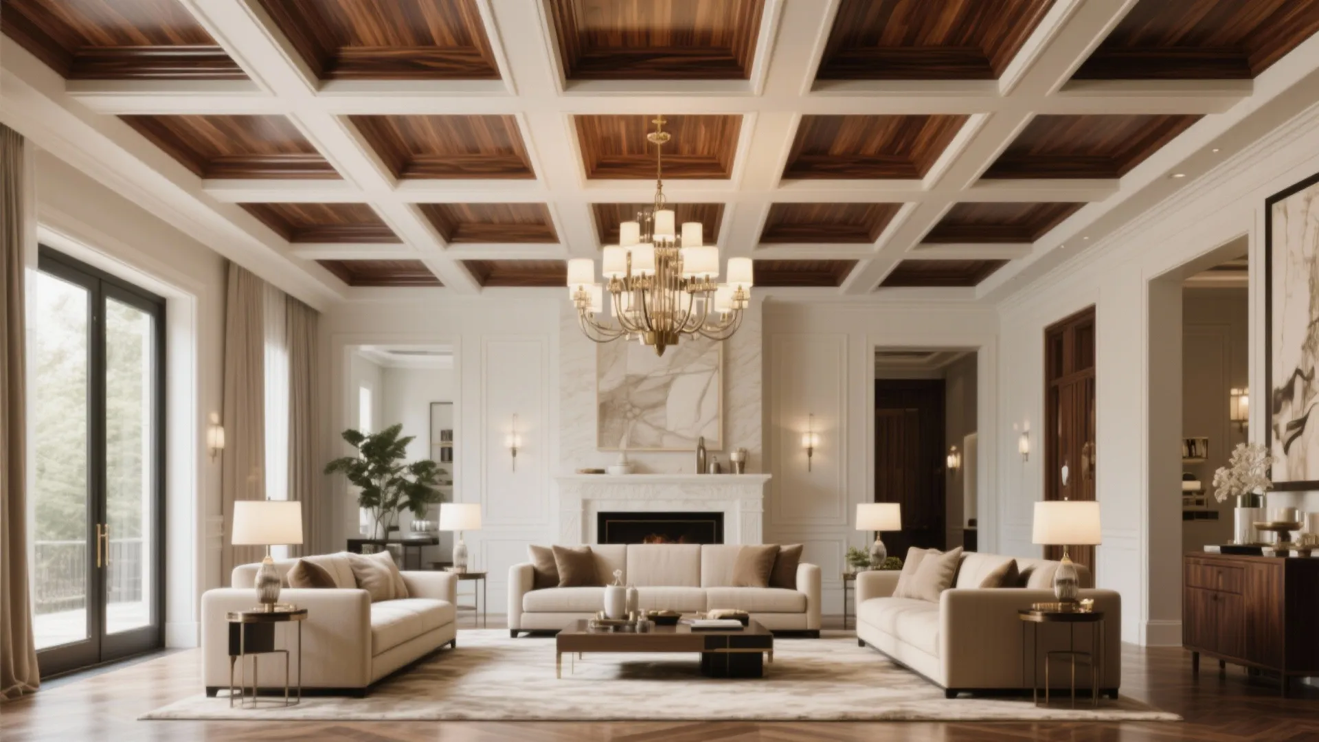 Luxury living room featuring a white ceiling with wood panels a ceiling light and sofas