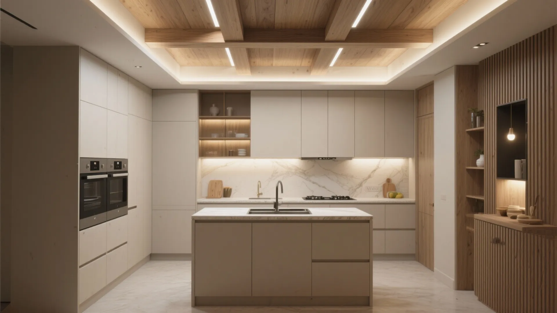 Modern kitchen with island and marble wall under a wood beam ceiling and bright lights