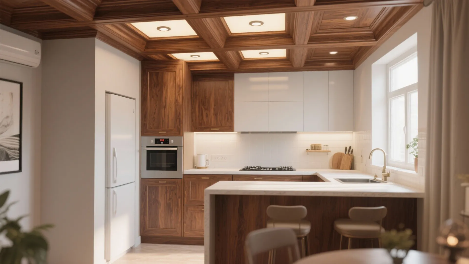 Compact kitchen with elegant coffered wooden ceiling and recessed lights