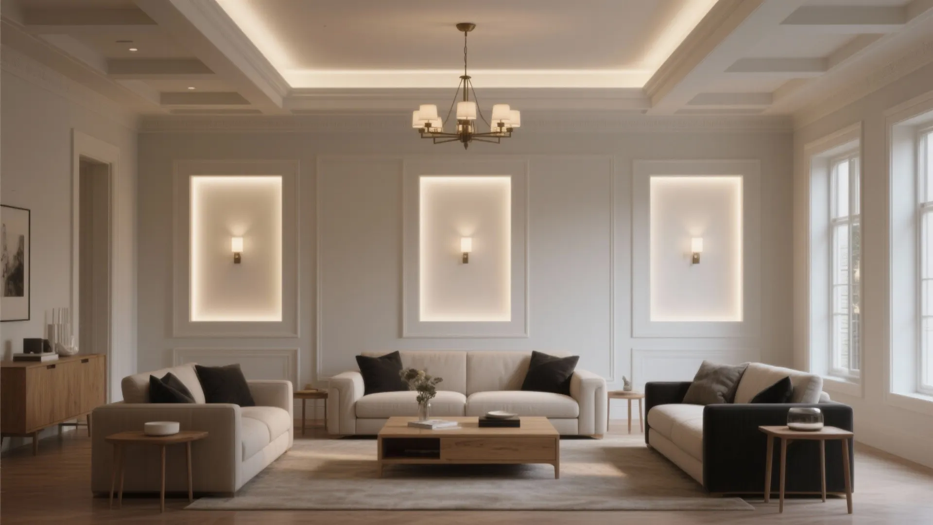 Symmetrical living room featuring three white sofas coffee table wall lights and a ceiling light
