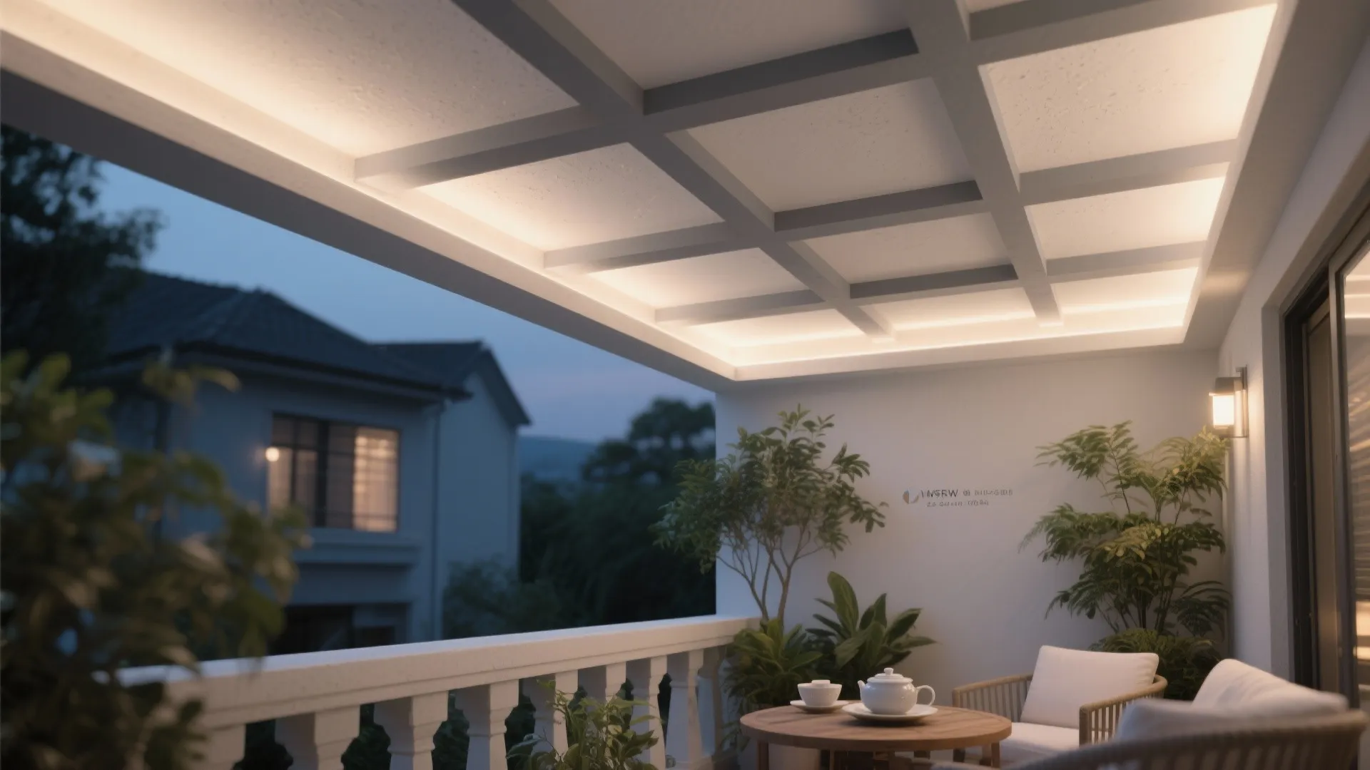 Cozy balcony at night with white sofa, potted plants, tea set, and glowing ceiling panels