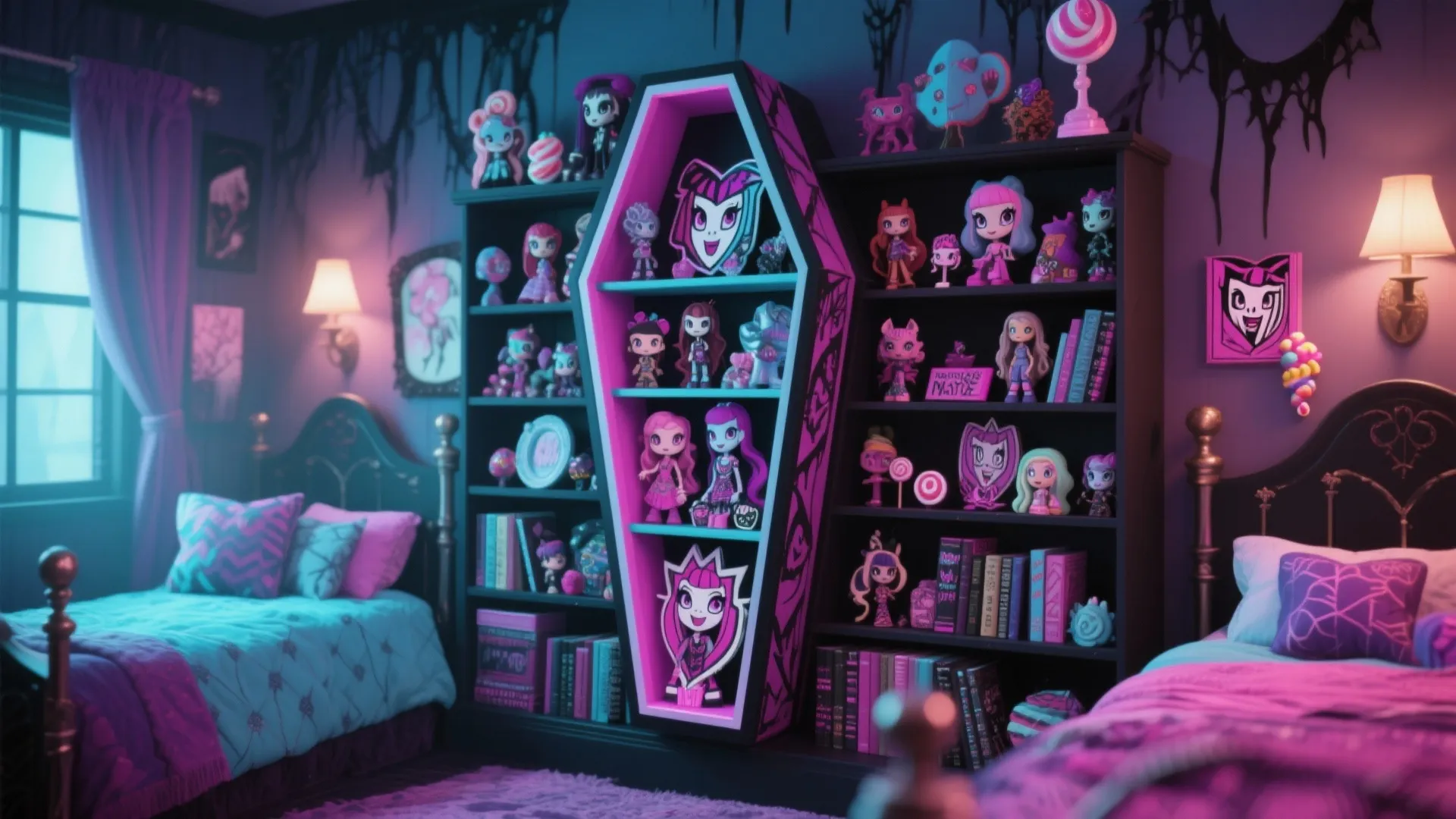 Coffin-shaped bookshelf holding gothic themed collectibles