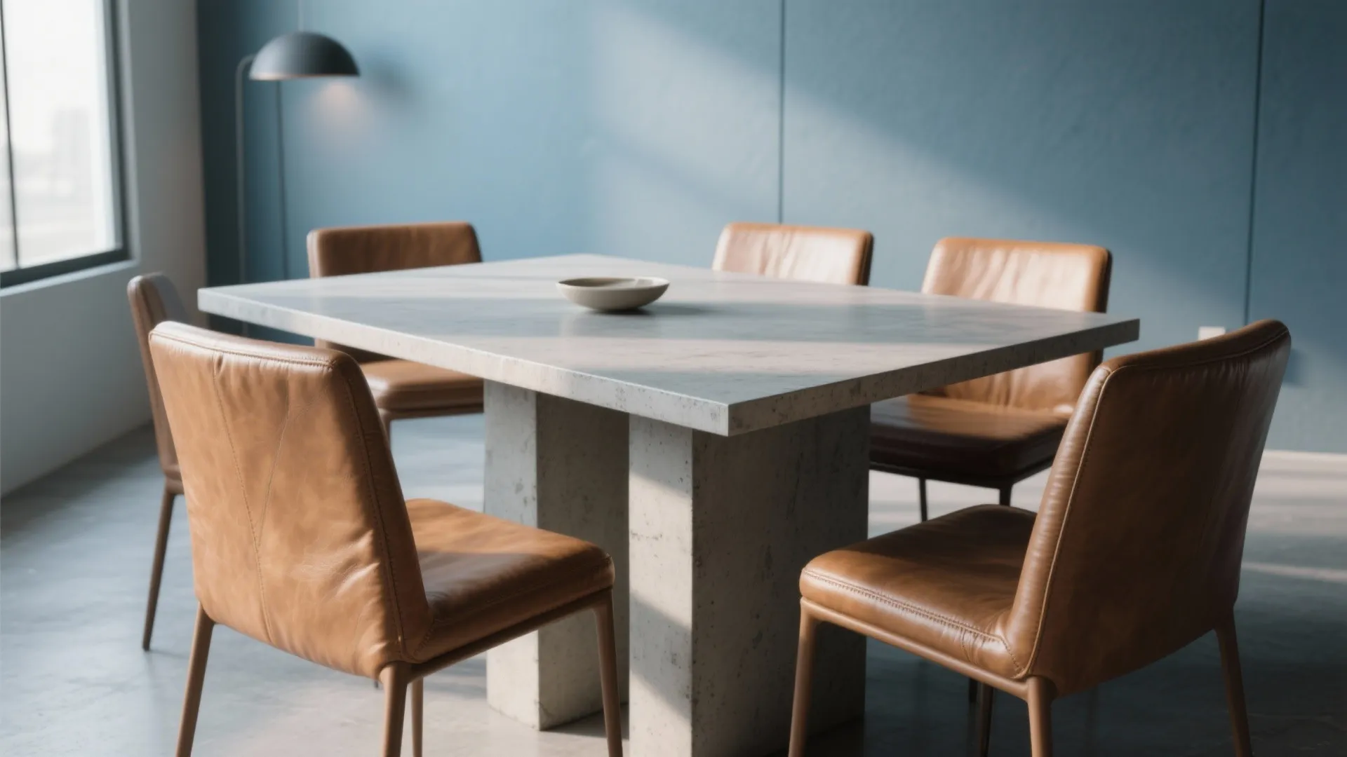 Cognac light brown leather chairs around a concrete table against blue-gray walls