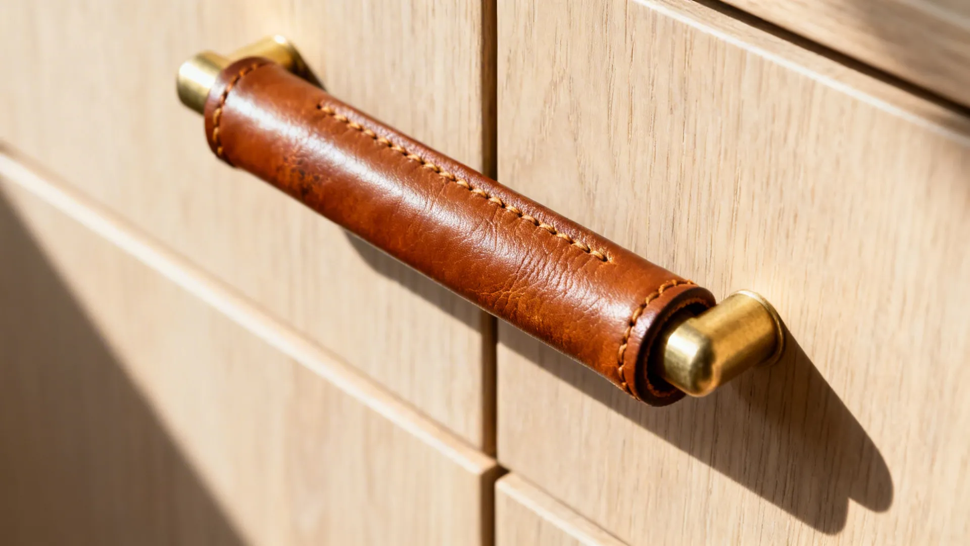 Cognac leather-wrapped pulls on pale ash cabinets showing fine grain and stitching.