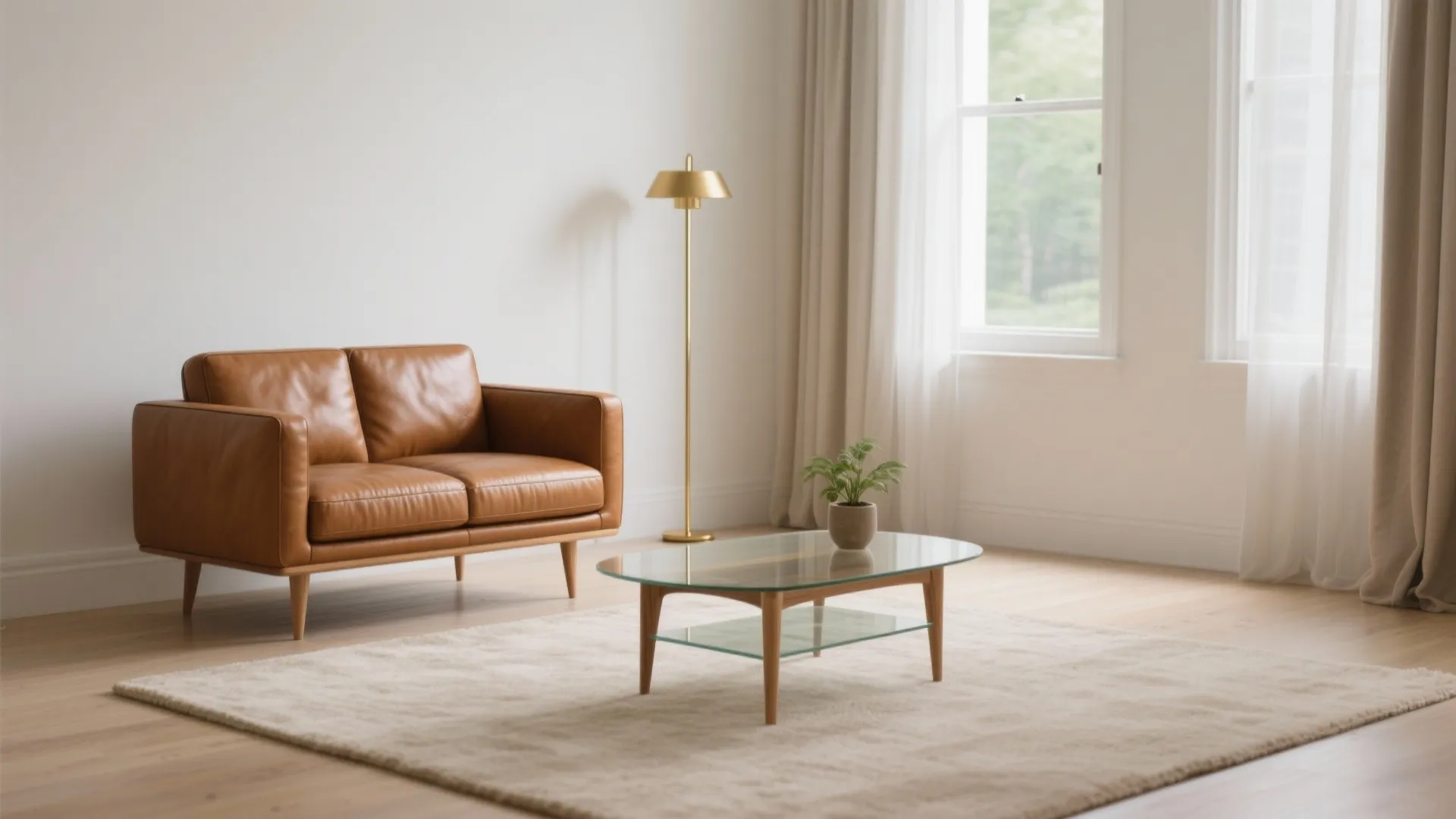 Brown leather sofa with glass coffee table and gold floor lamp in a bright room