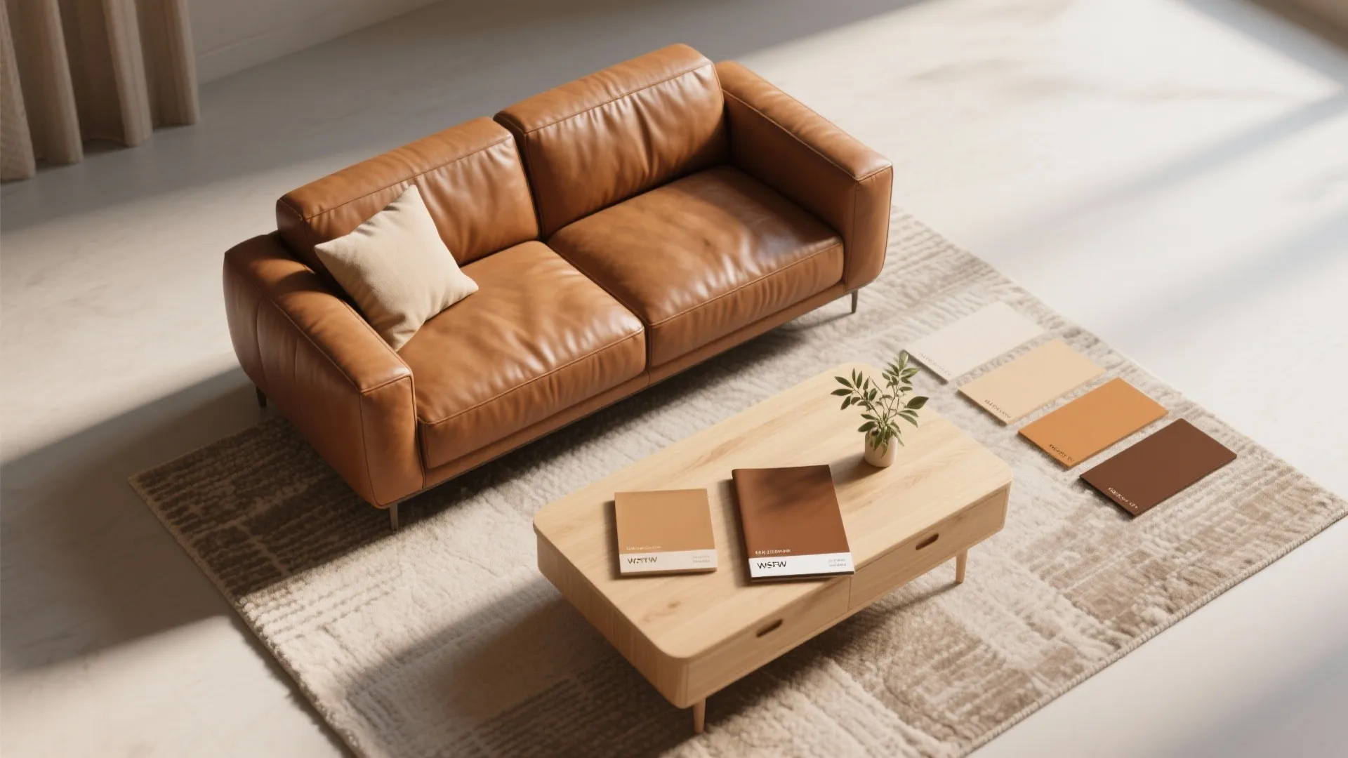 Top-down palette of cognac leather, warm beige fabrics, wood samples and rug texture for a small room.