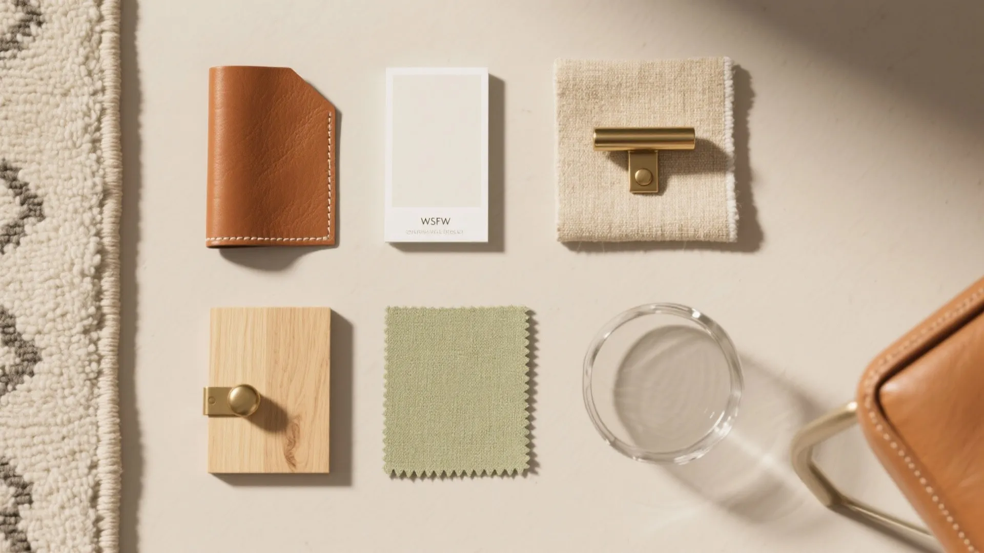 Interior design material board with leather swatches wood samples fabric pieces and gold cabinet handles