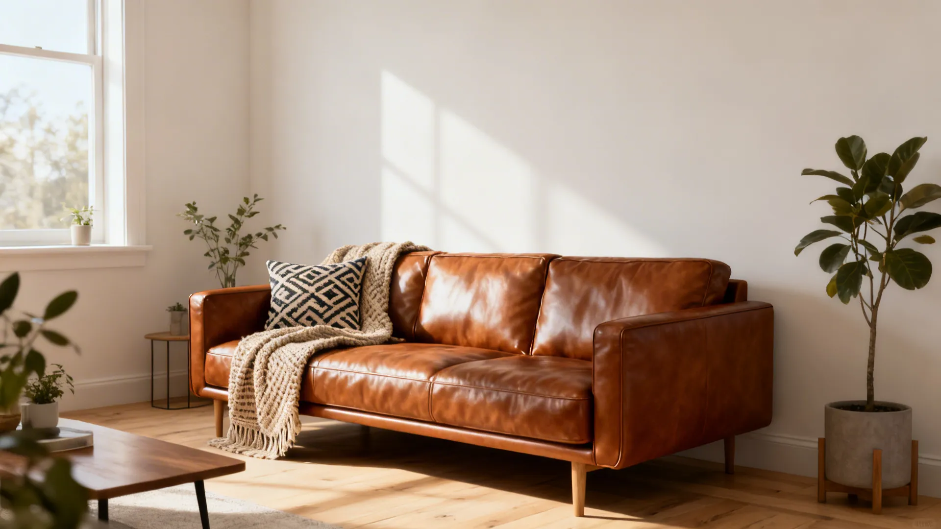 Bright living room with tan leather sofa and indoor potted plant near a sunny window