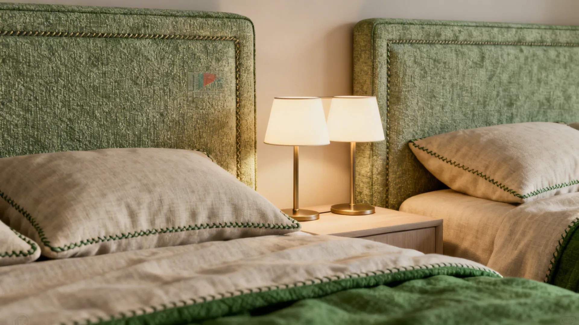 Coordinated bedding and shared lamp highlighting unified palette and cozy atmosphere