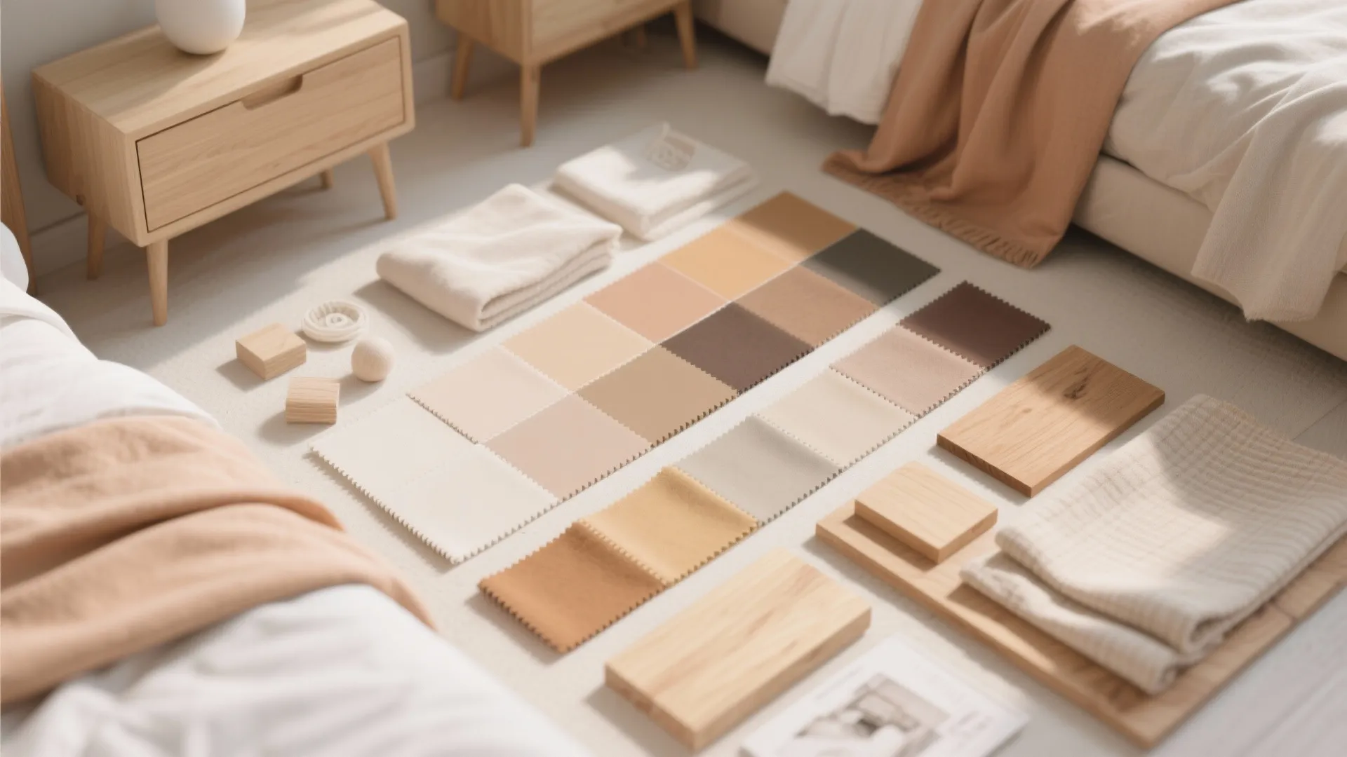 Flatlay of light warm color palette materials for bedroom design