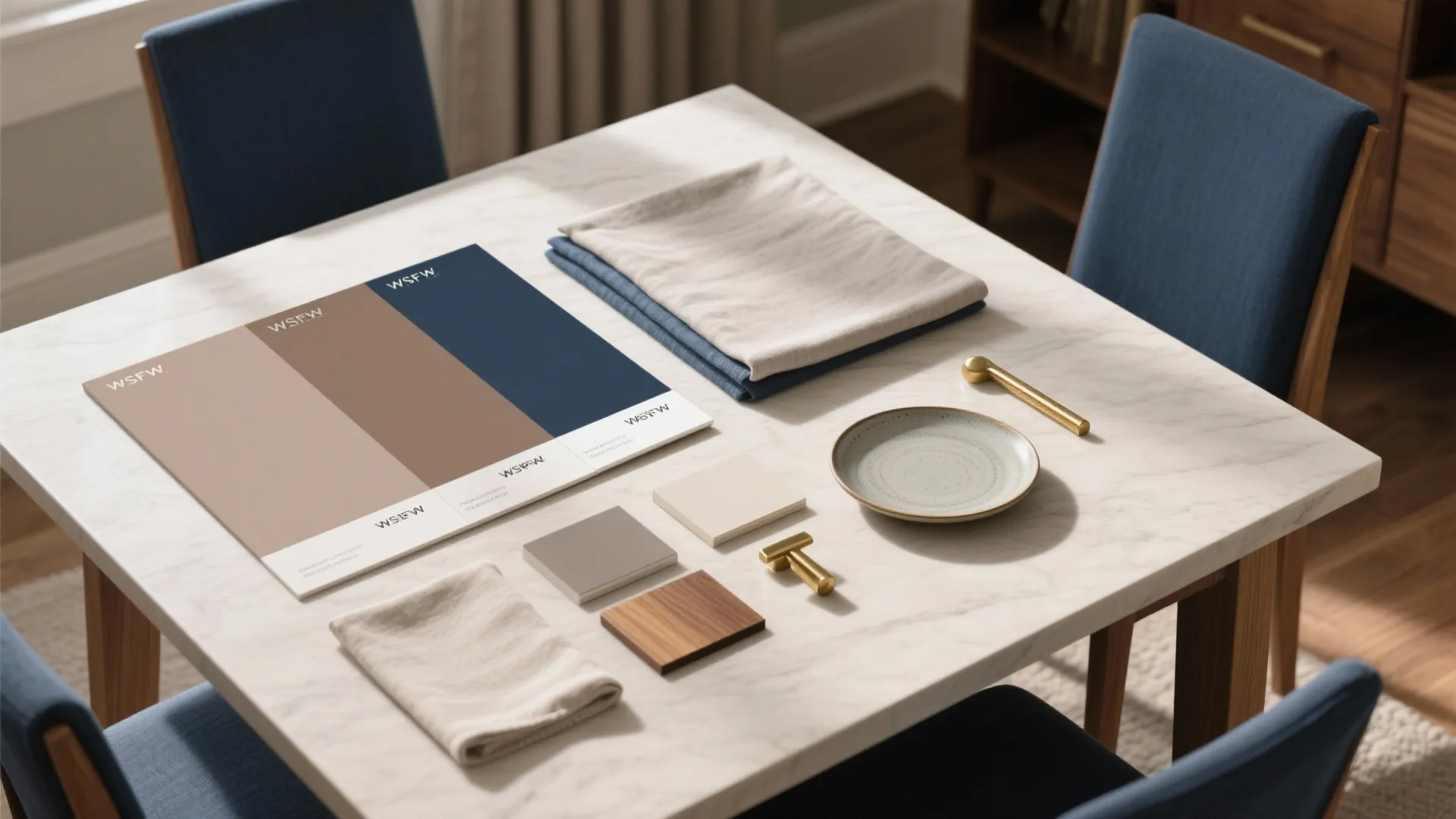 Interior design color palette board with blue and brown samples on a marble dining table