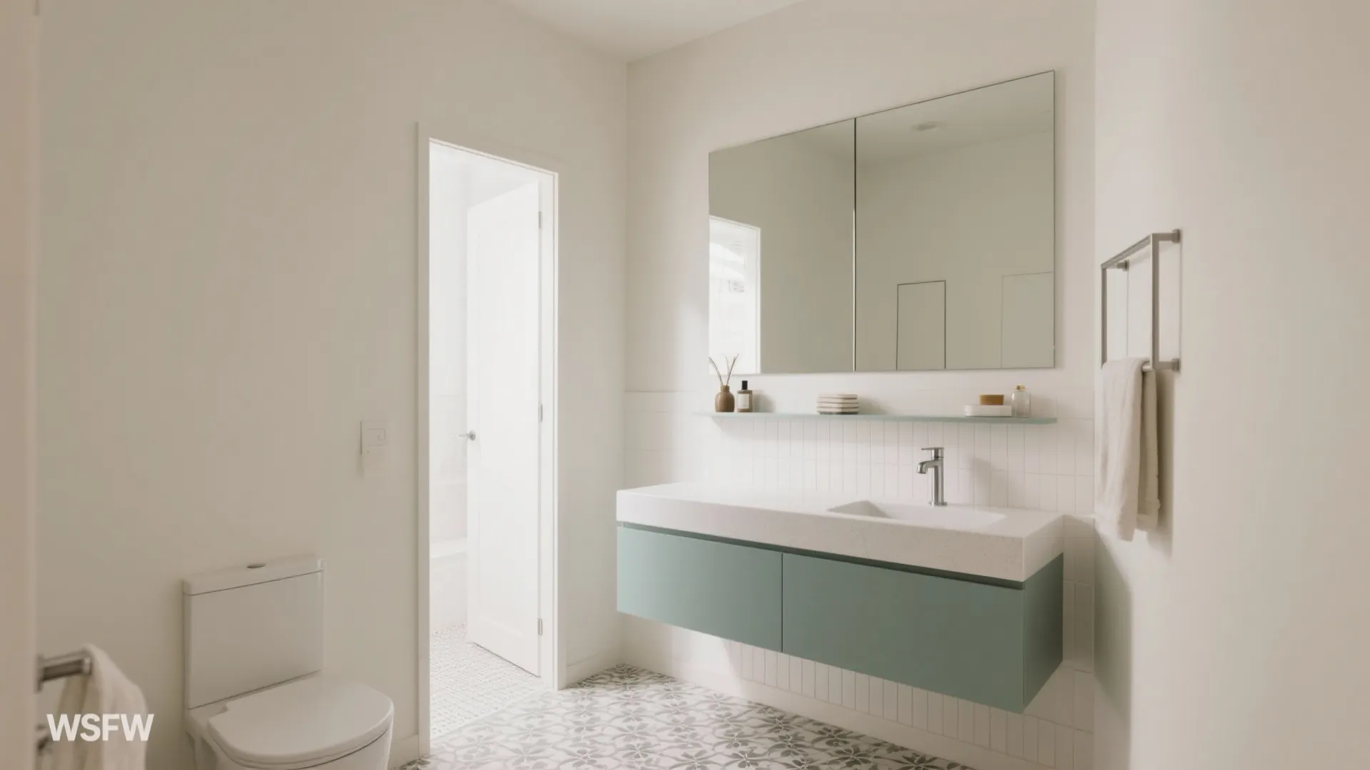 Modern bathroom with light green cabinet large mirror white toilet and grey patterned floor tile
