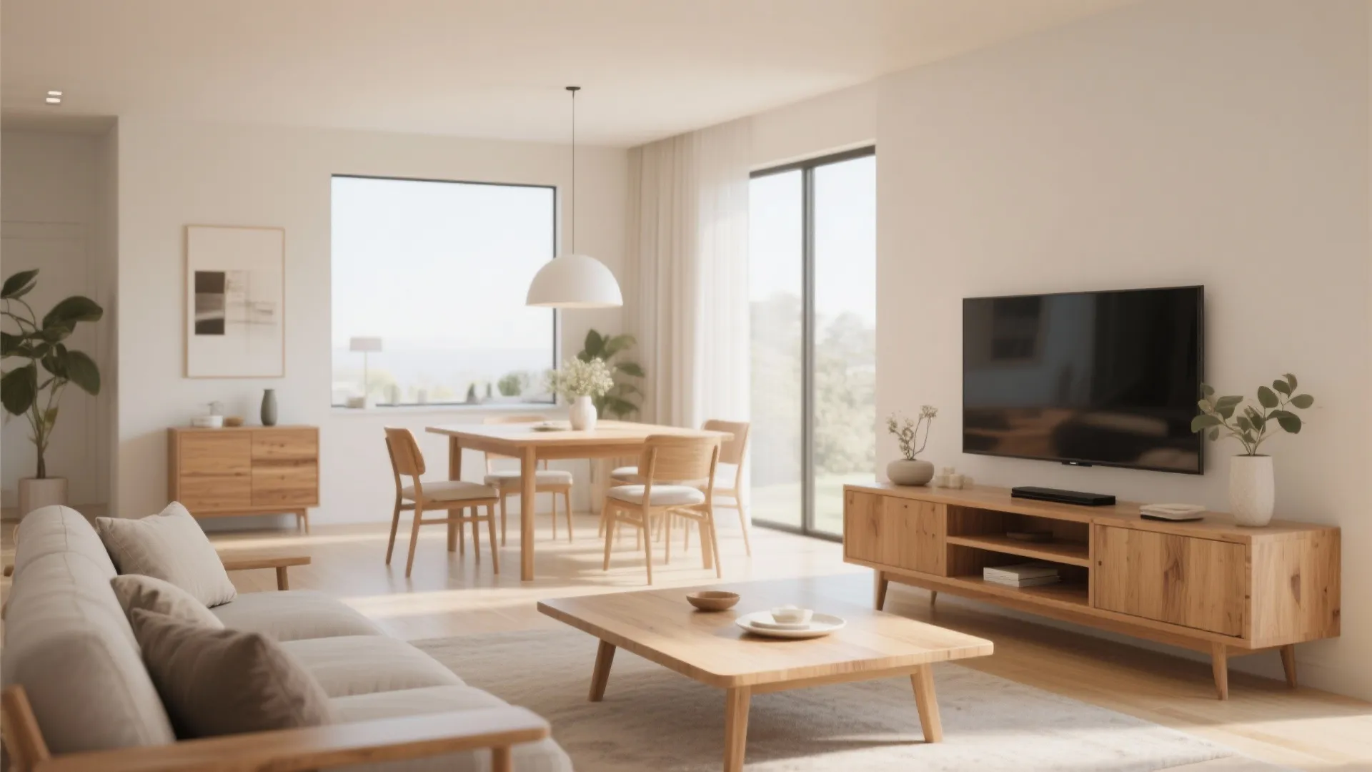 Living-dining combo with cohesive wood tones and matching decor