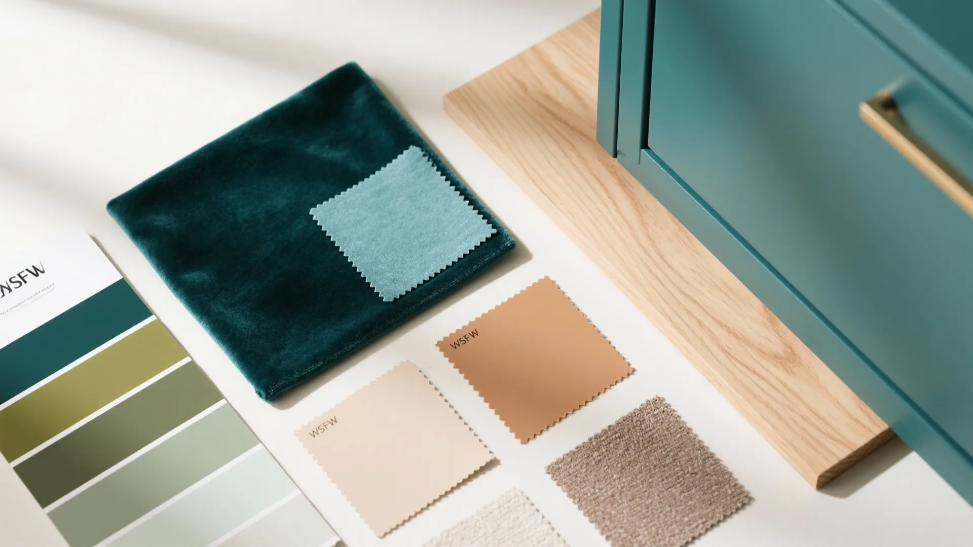 Interior design color palette with teal, wood, and neutral tones