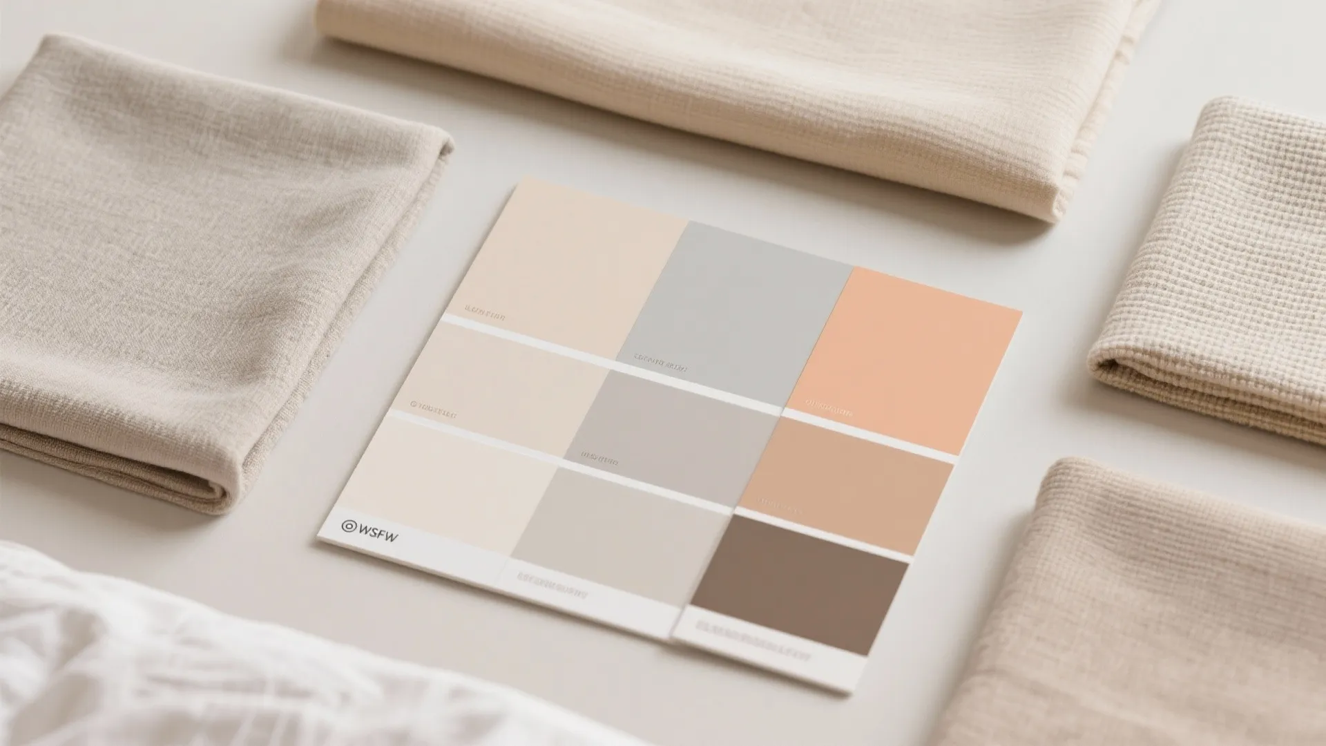 A square color palette with beige and grey tiles surrounded by folded neutral fabric samples