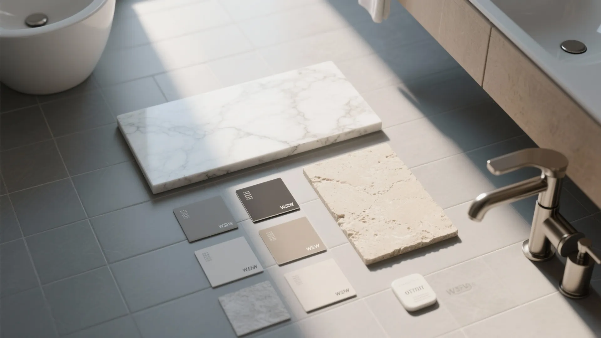 Neutral bathroom color palette with marble stone samples and beige tiles on a grey floor