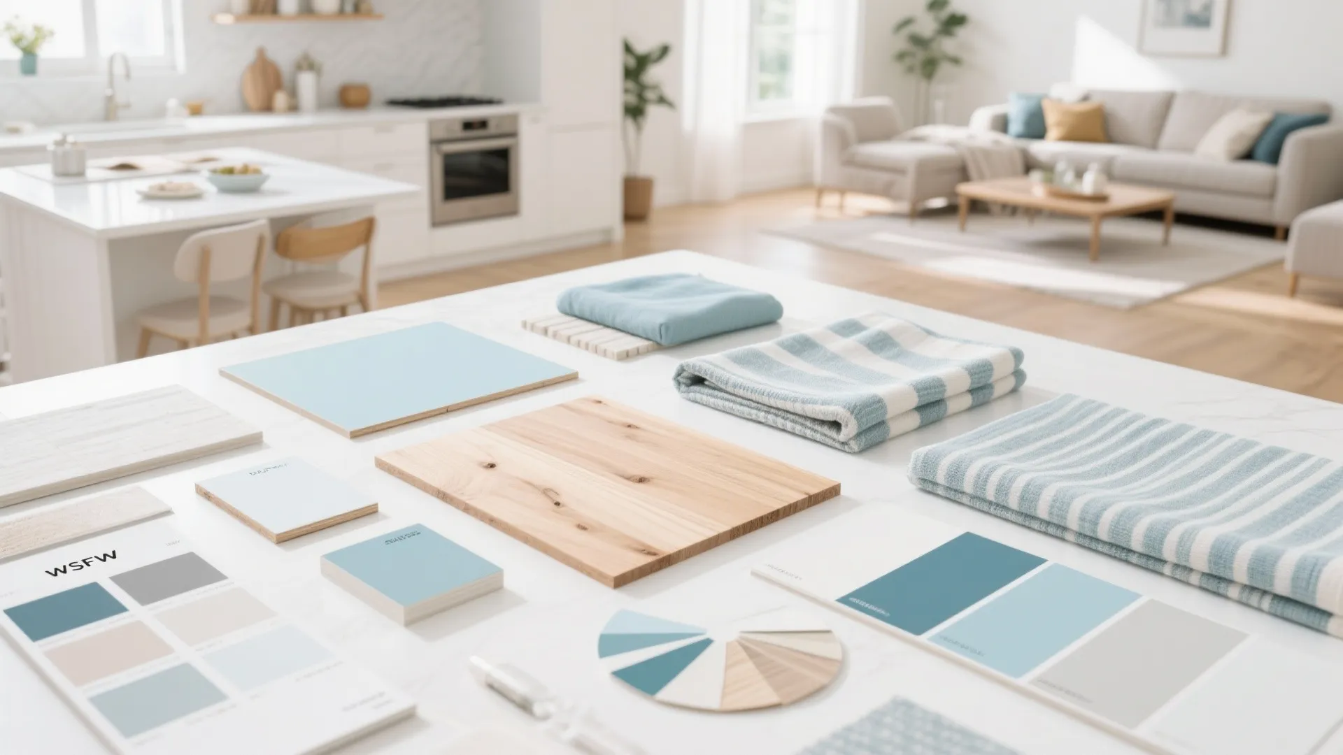 Flatlay of cohesive coastal-inspired colors and materials