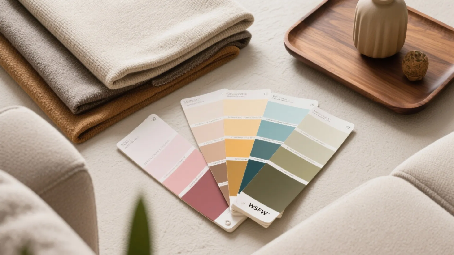 Soft fabric swatches and colorful paint palettes arranged on a beige surface with wooden tray