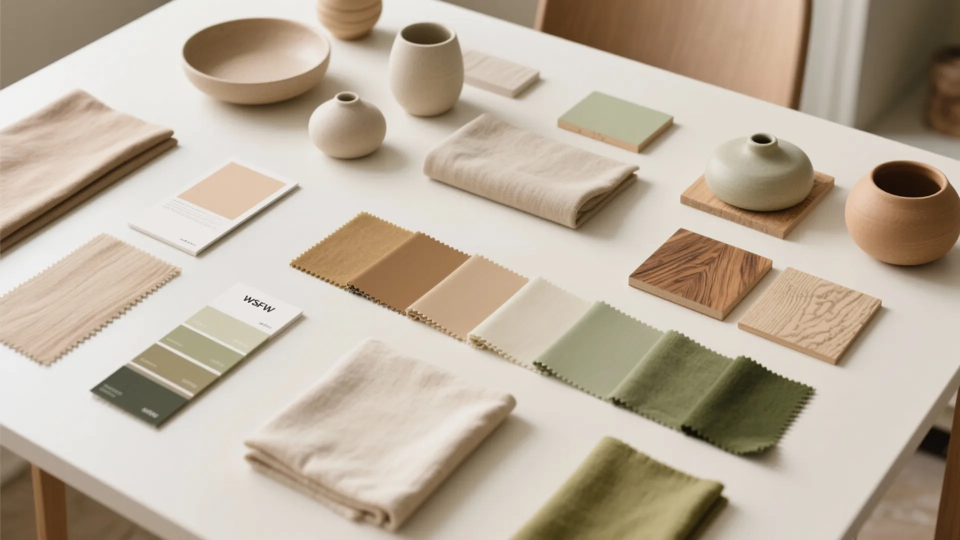Interior design mood board with fabric swatches, color cards, wood samples, and small ceramic pots