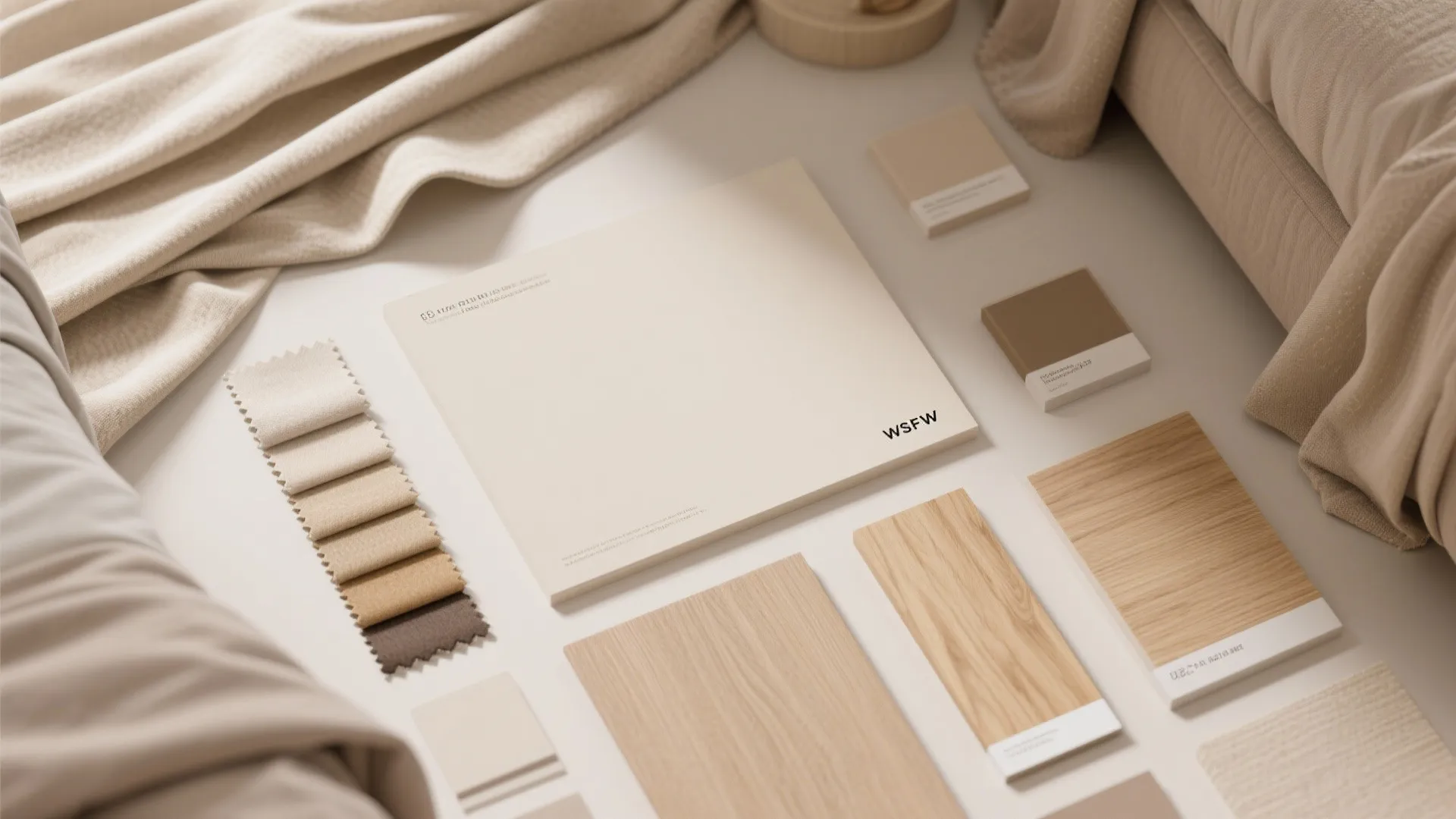 Material board with beige fabric samples wood floor planks and color swatches on white surface