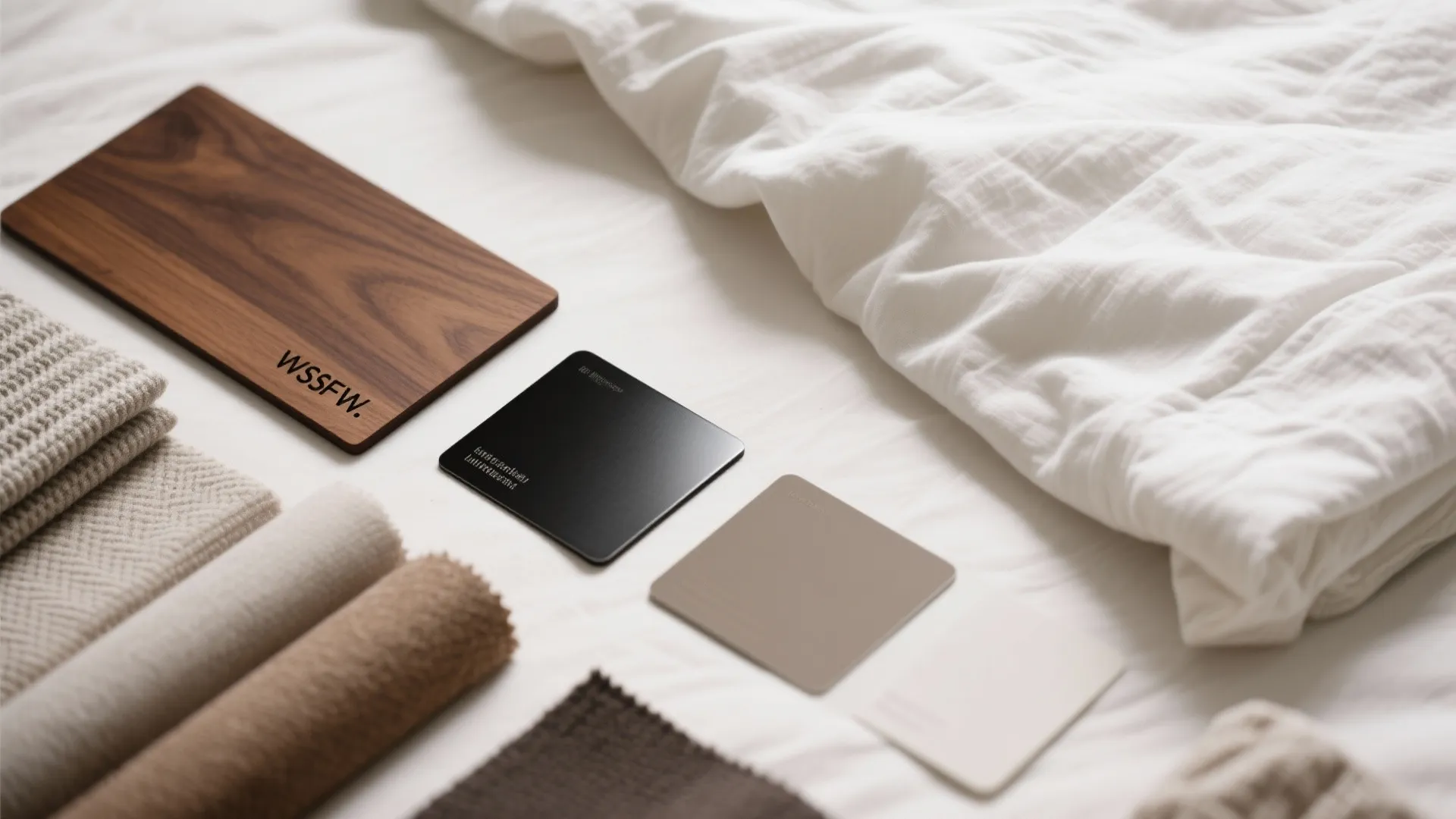 Interior design material board with wood sample color swatches fabric rolls and a white soft blanket