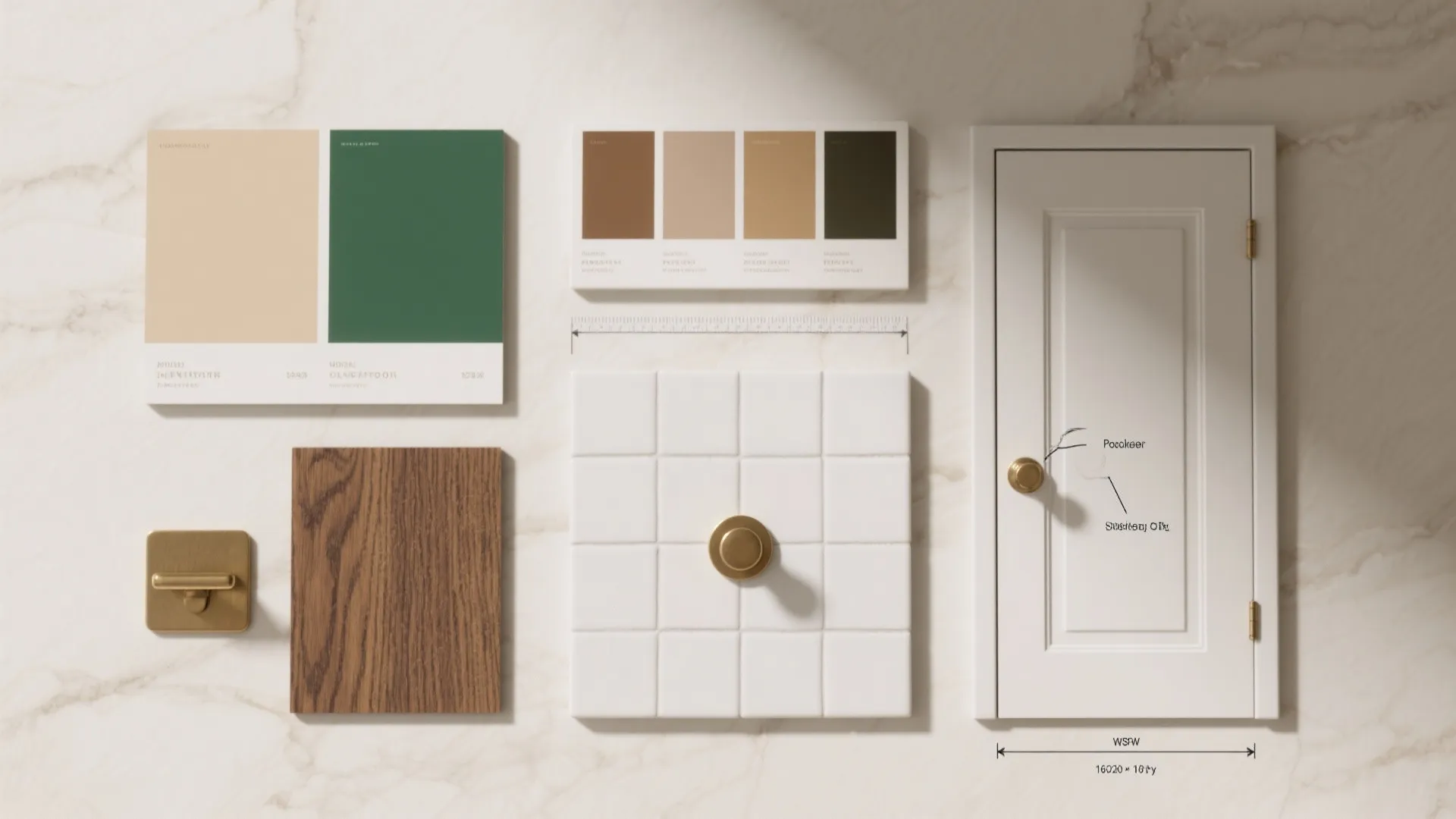 Interior design mood board with green color samples wood wall panel white tiles and door