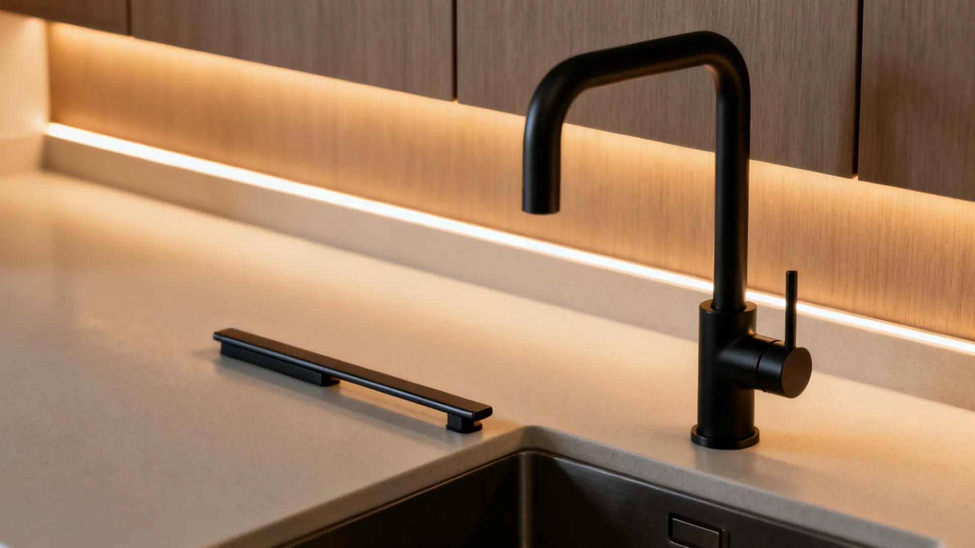 Macro of a slim black tap, matching rail pull, and warm LED channel lighting over a light countertop.