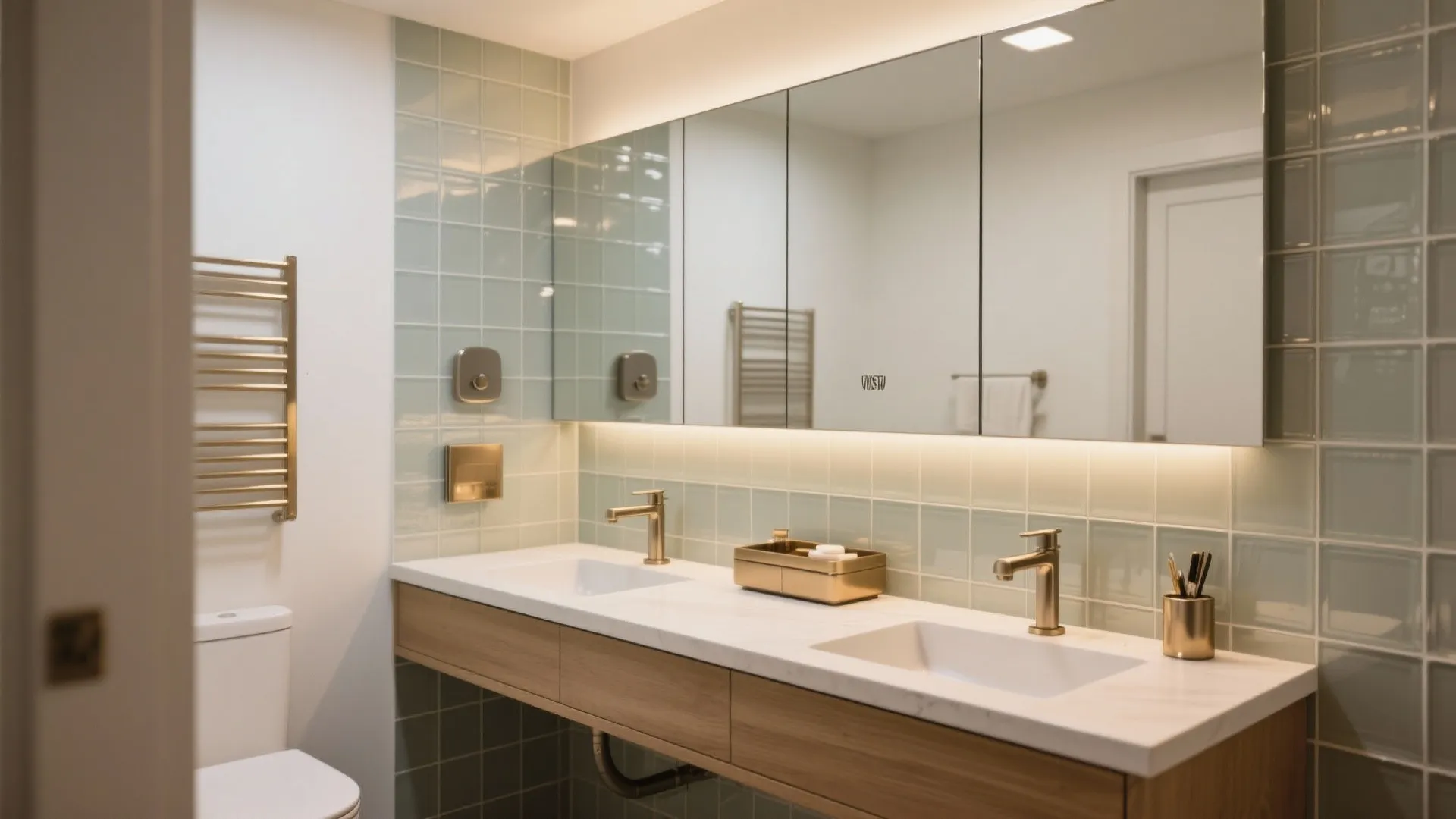 Small bathroom with floating vanity, recessed cabinet, and coordinated hardware against glass tile walls.