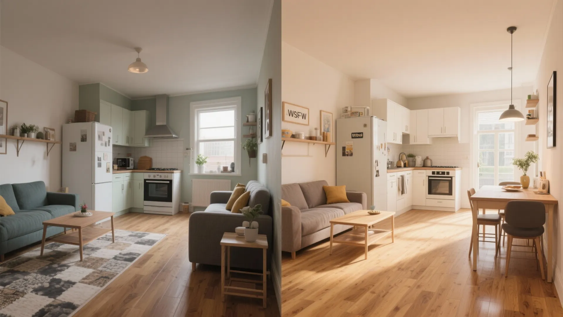 Before and after comparison of a living room showing same wood floor with different furniture