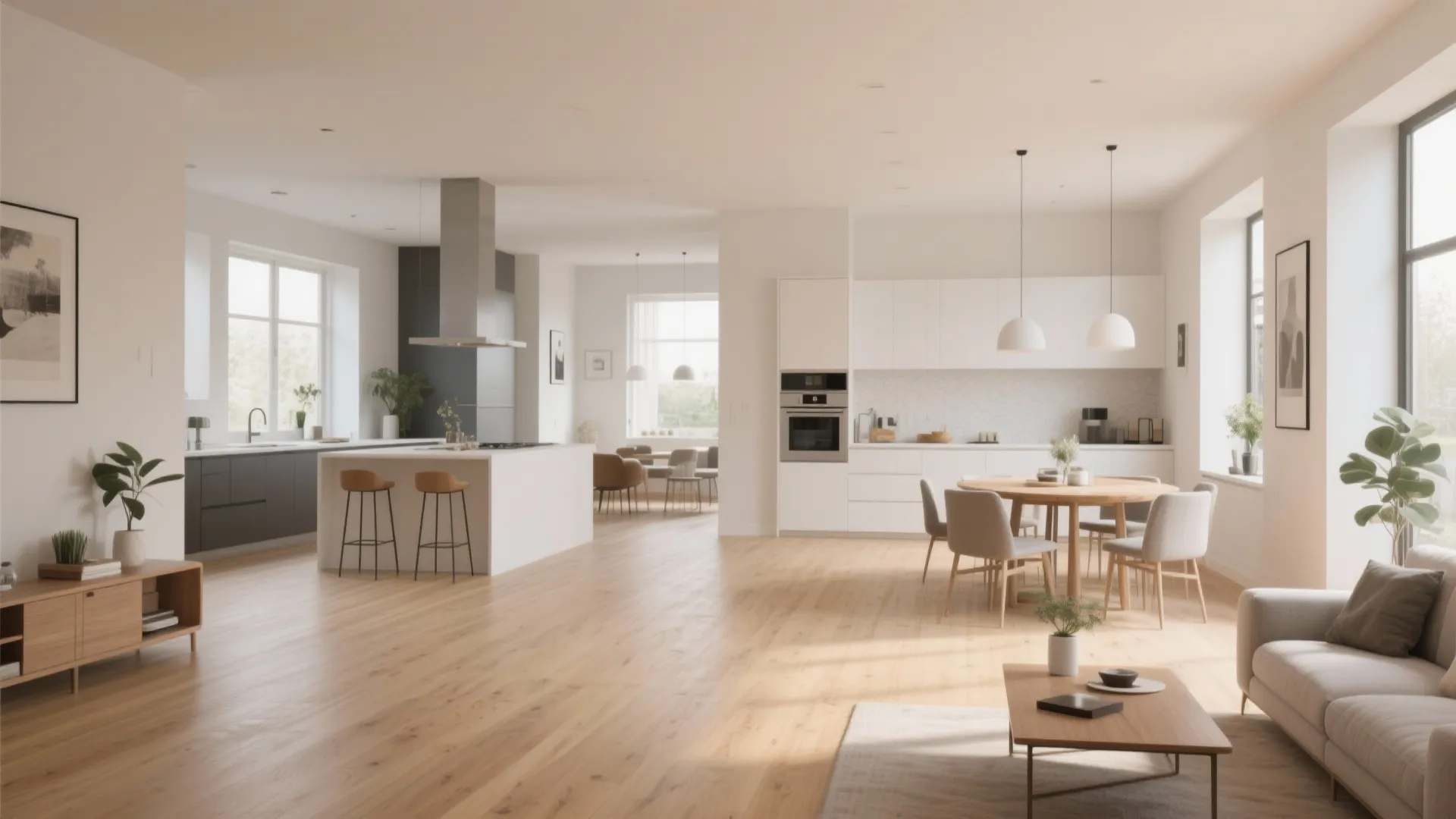 Open plan with continuous light oak flooring across all areas