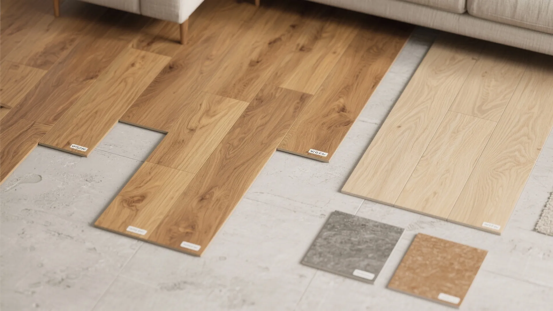 Flat lay of hardwood, vinyl, and concrete flooring samples