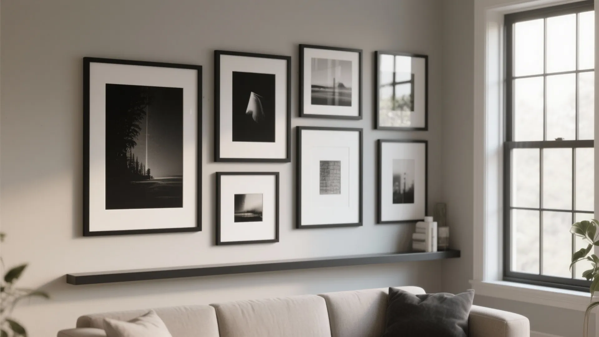 Modern living room featuring a cohesive gallery wall with black frames above a beige sofa