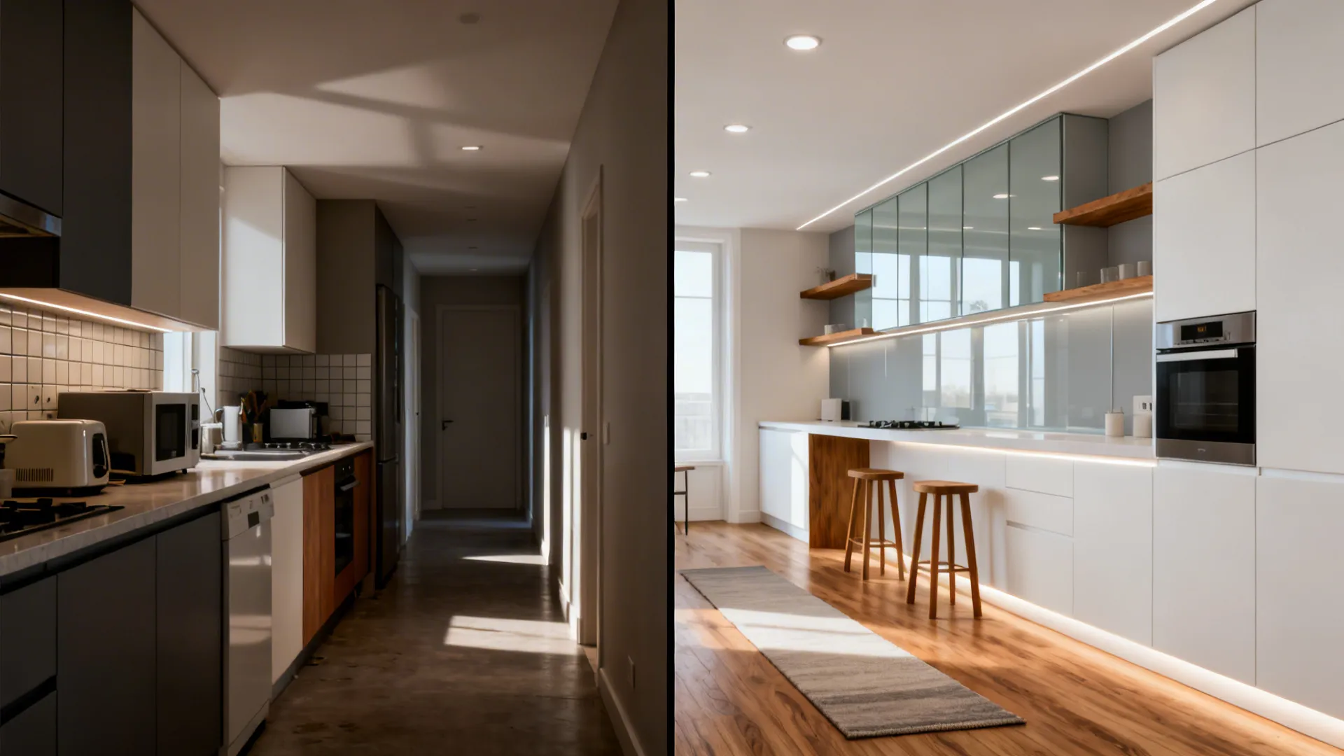 Before-and-after of a hall and open kitchen transforming from cluttered to cohesive with light and oak accents.
