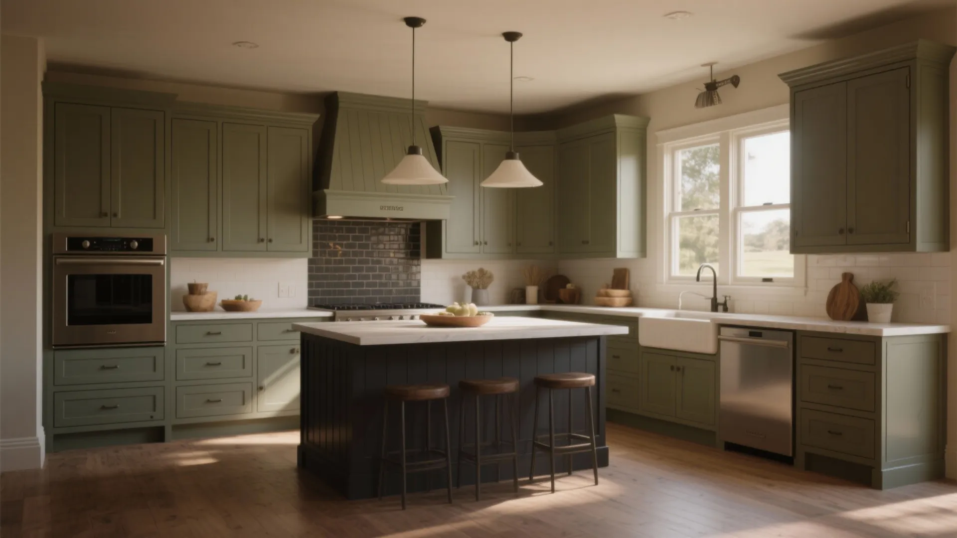 Green kitchen cabinets with white stone counters a dark island bar stools and ceiling light