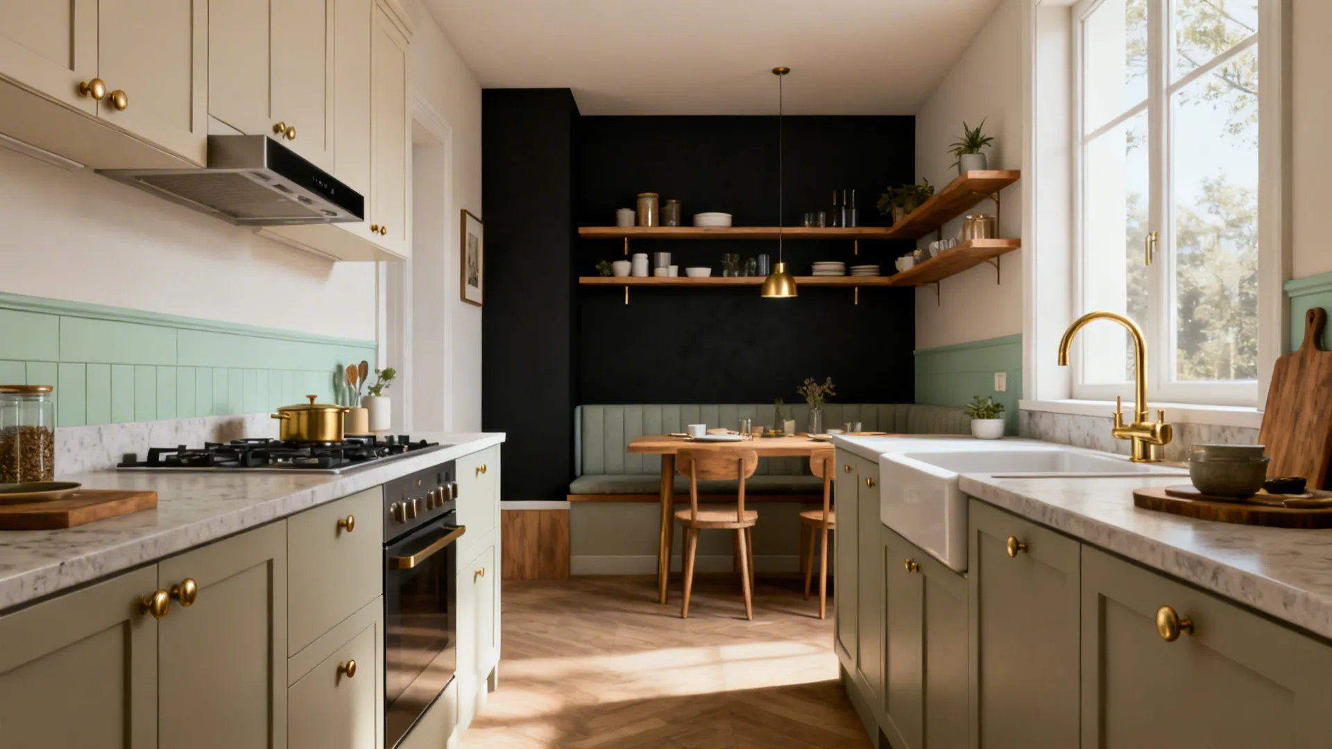 Cohesive small kitchen with tone-on-tone walls, a soft band, and a dark accent nook.