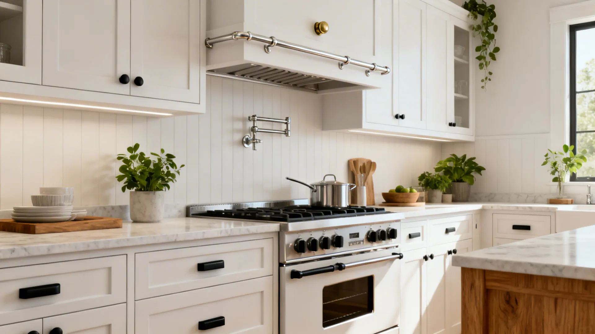 Small kitchen with white and oak cabinets and cohesive mixed metal hardware.