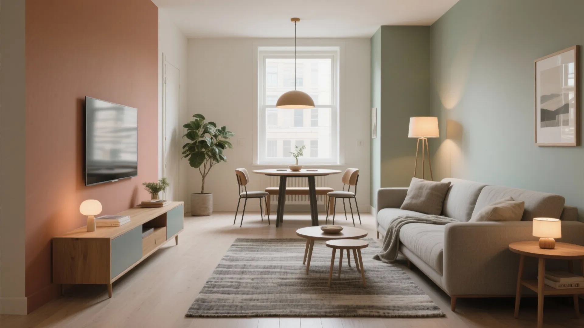 Modern living room with grey sofa wooden furniture green and orange walls and ceiling light