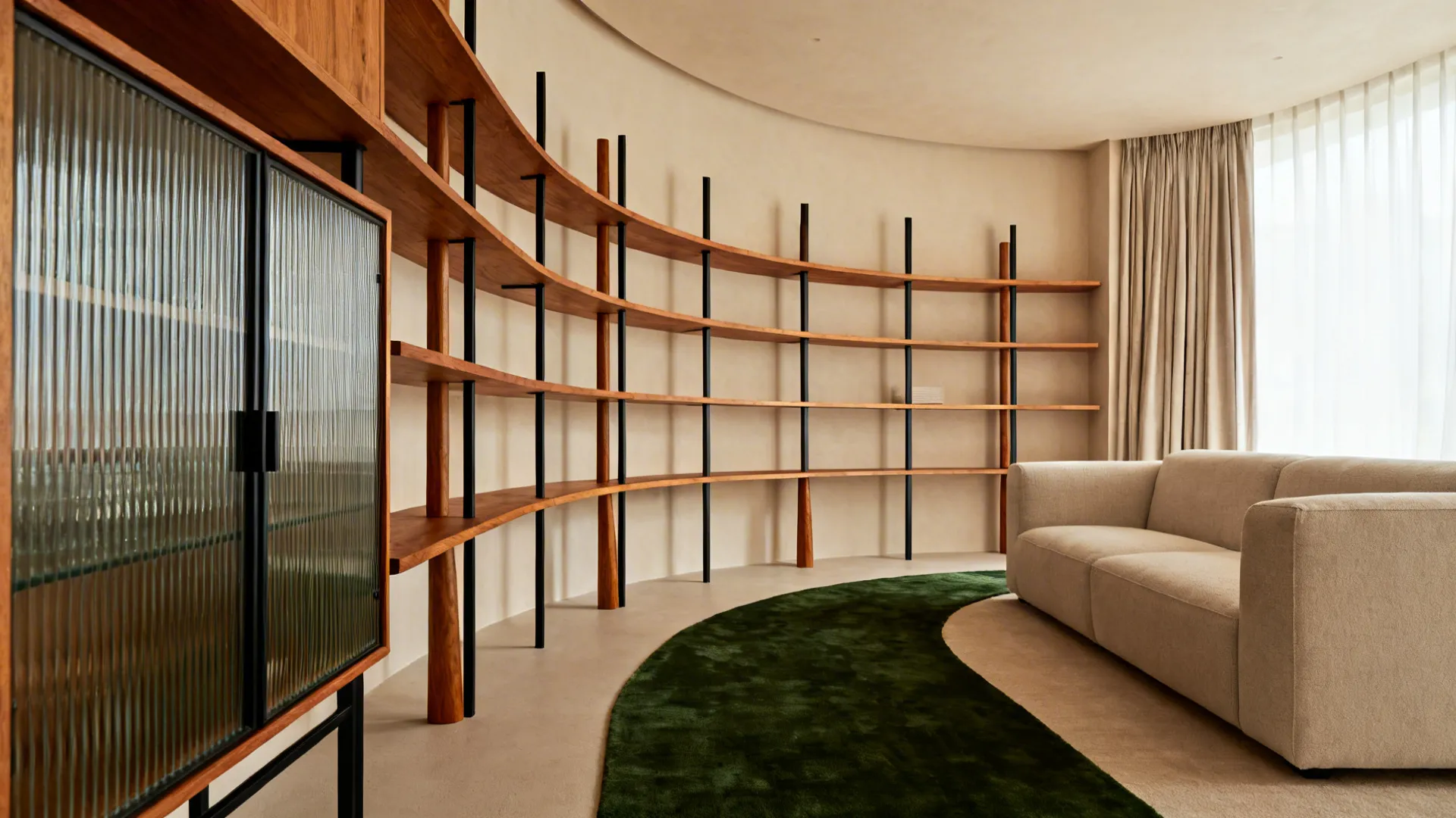 Cohesive L-shaped living room with warm oak, soft neutrals, and a deep green rug linking both legs.