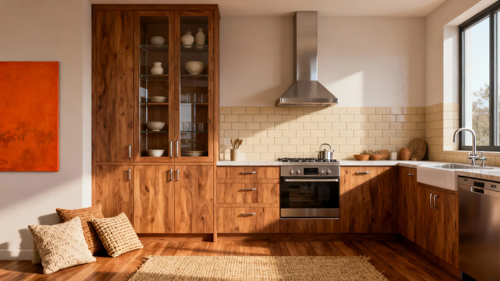 Cohesive wood and metal palette with a vertical shelving anchor and textured accents